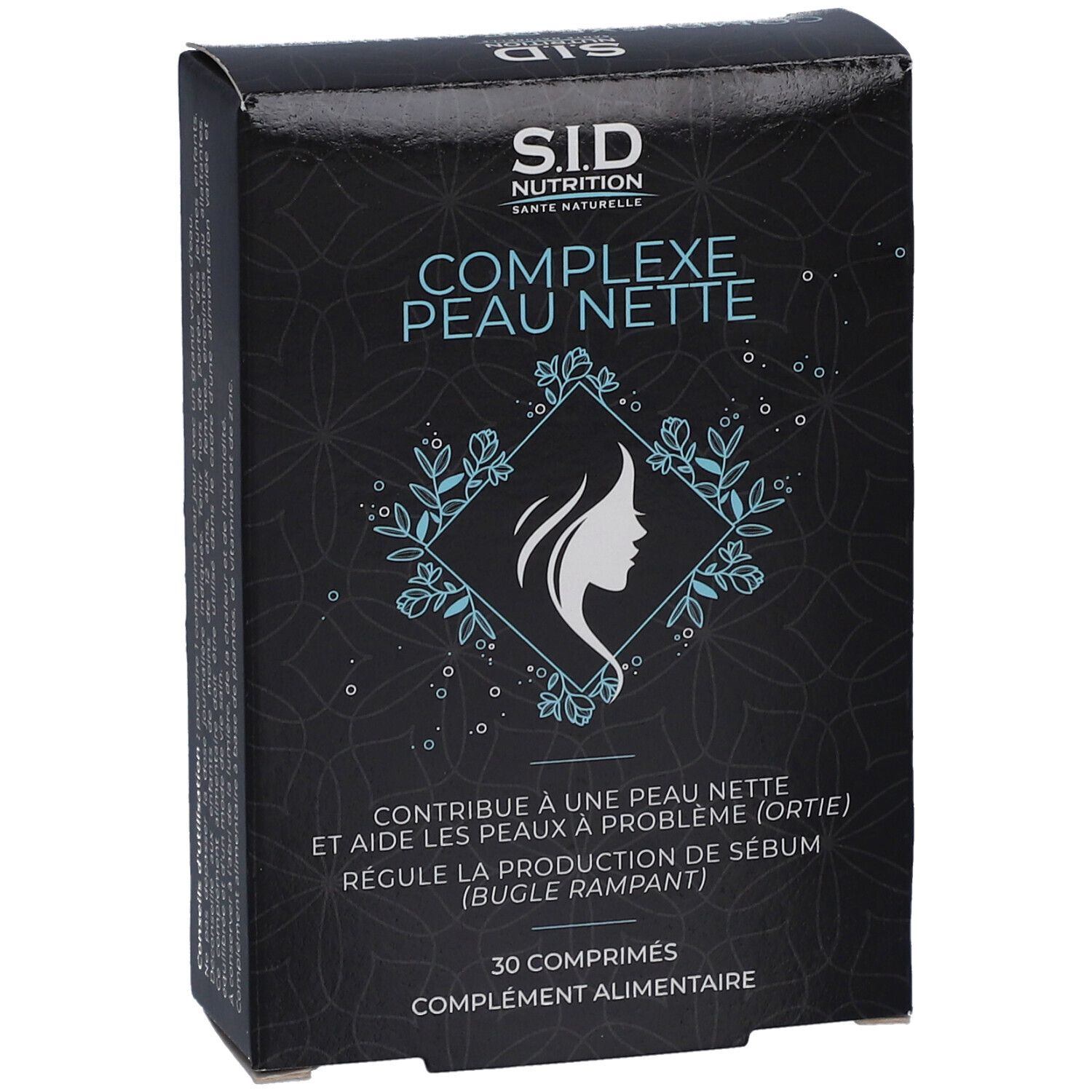 Boîte noire avec impression du produit. Inscription: SID Nutrition Complexe Peau Nette. Contient 30 comprimés.