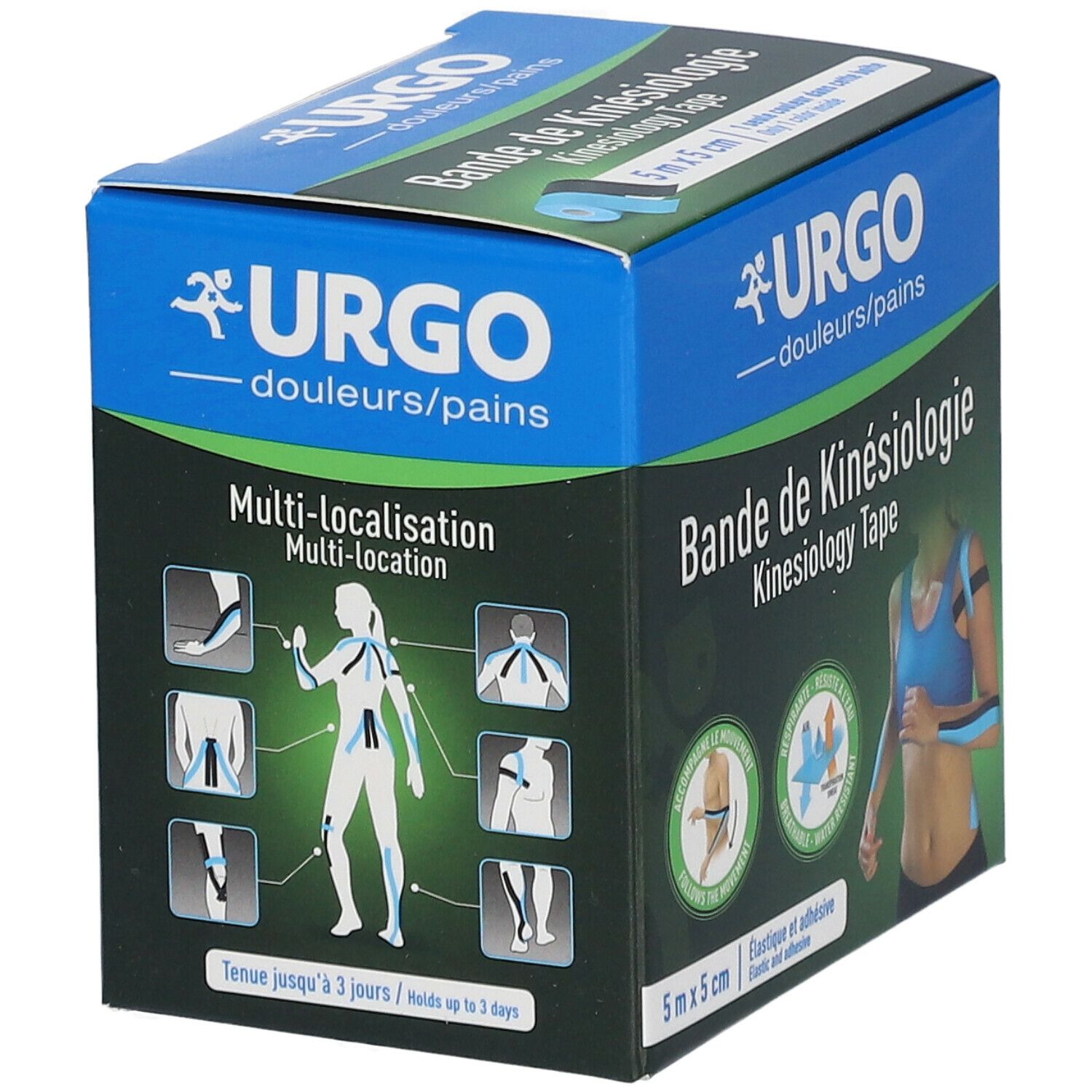 Boîte URGO Bande de Kinésiologie. Zones d'application multiples. Dimensions : 5 m x 5 cm. Tient jusqu'à 3 jours.