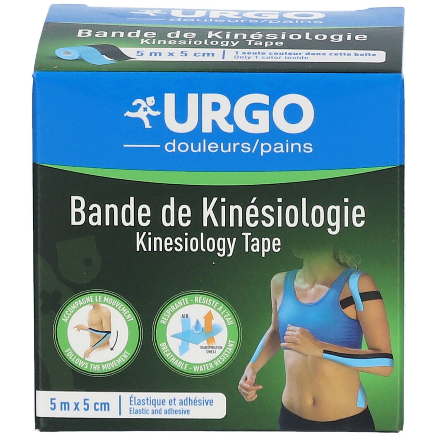 Boîte URGO Bande de Kinésiologie. Dimensions : 5 m x 5 cm. Illustrations d'application. Respirant et résistant à l'eau.