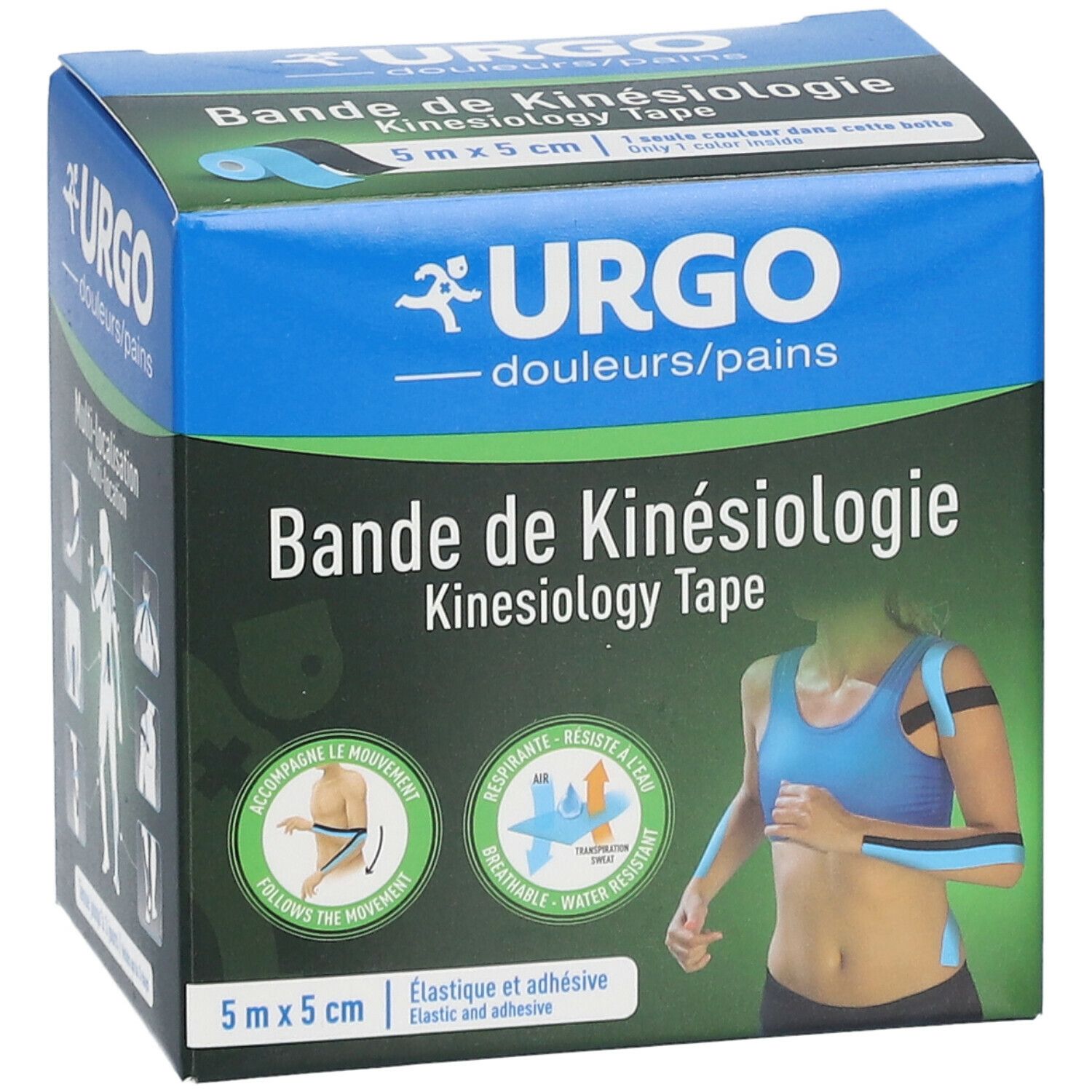 Boîte URGO Bande de Kinésiologie. Dimensions : 5 m x 5 cm. Illustrations d'application. Respirant et résistant à l'eau.