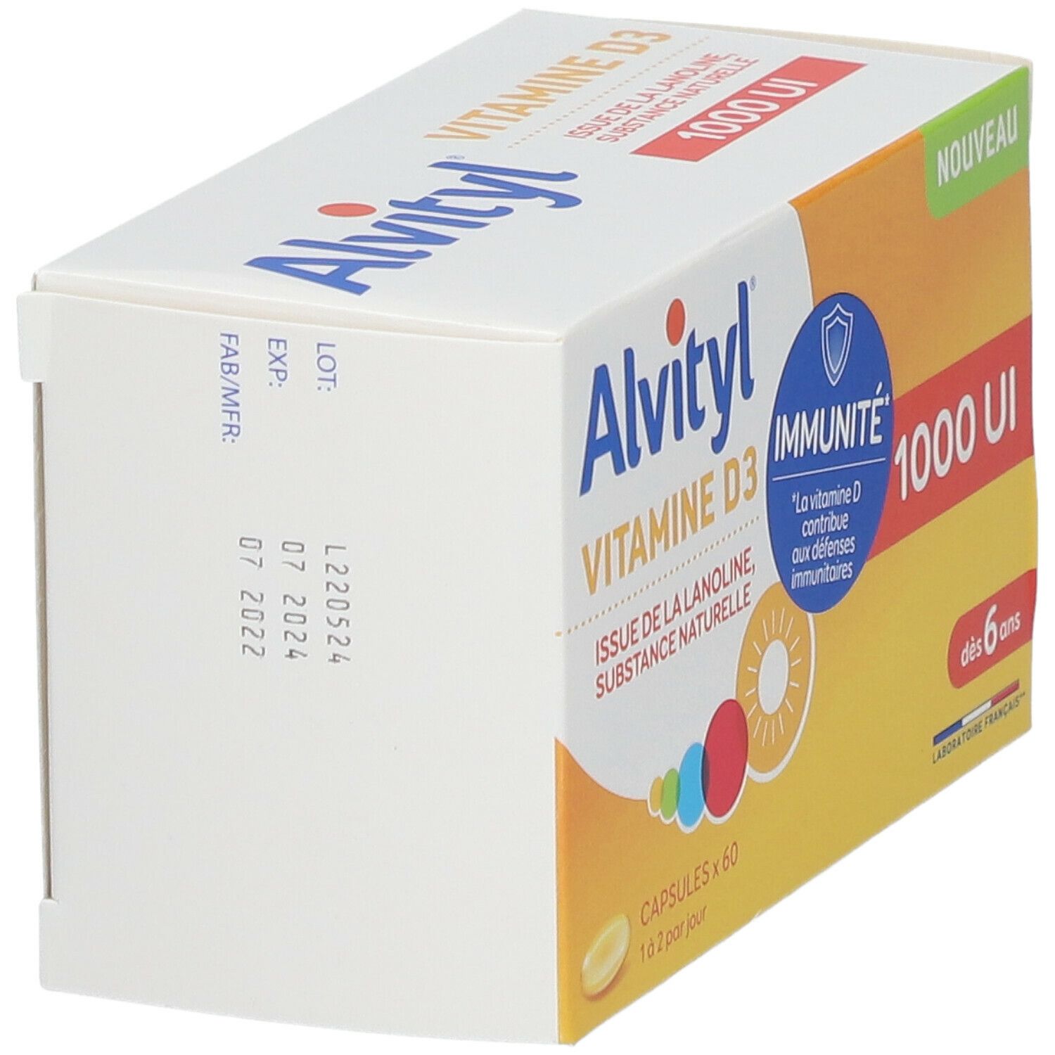 Boîte ALVITYL® Vitamine D3, vue latérale. Inscription: 1000 UI, dès 6 ans. Emballage jaune et blanc.
