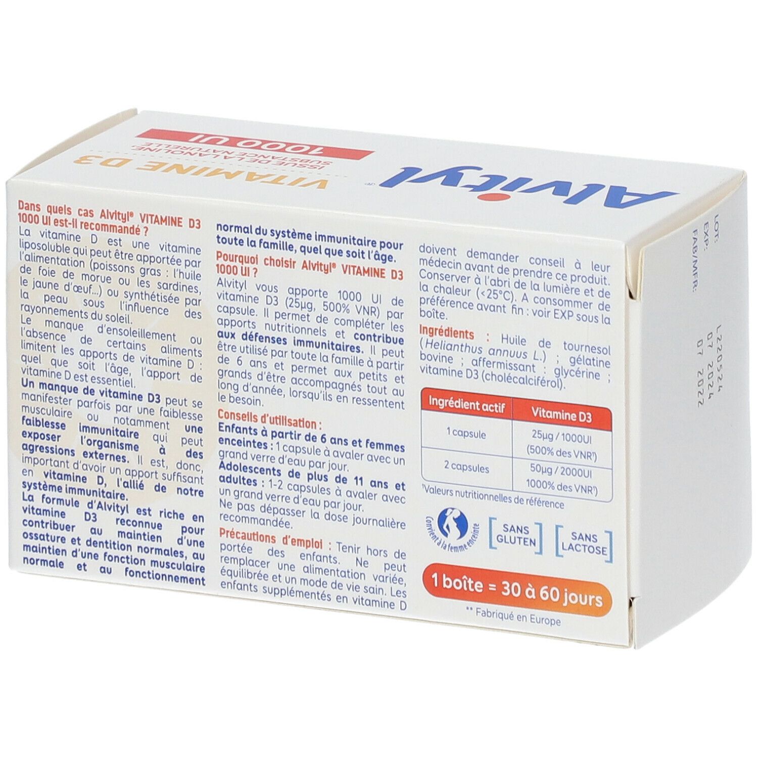 Boîte ALVITYL® Vitamine D3, dos avec texte. Inscription: 1000 UI. Emballage jaune et blanc.