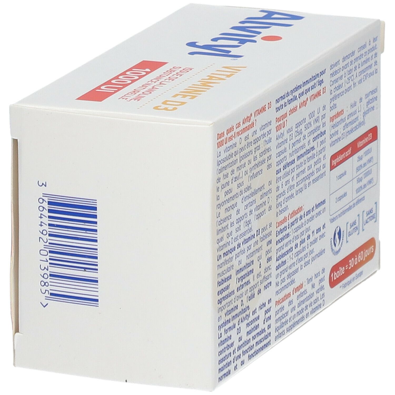 Boîte ALVITYL® Vitamine D3, vue latérale avec texte. Inscription: 1000 UI. Emballage jaune et blanc.