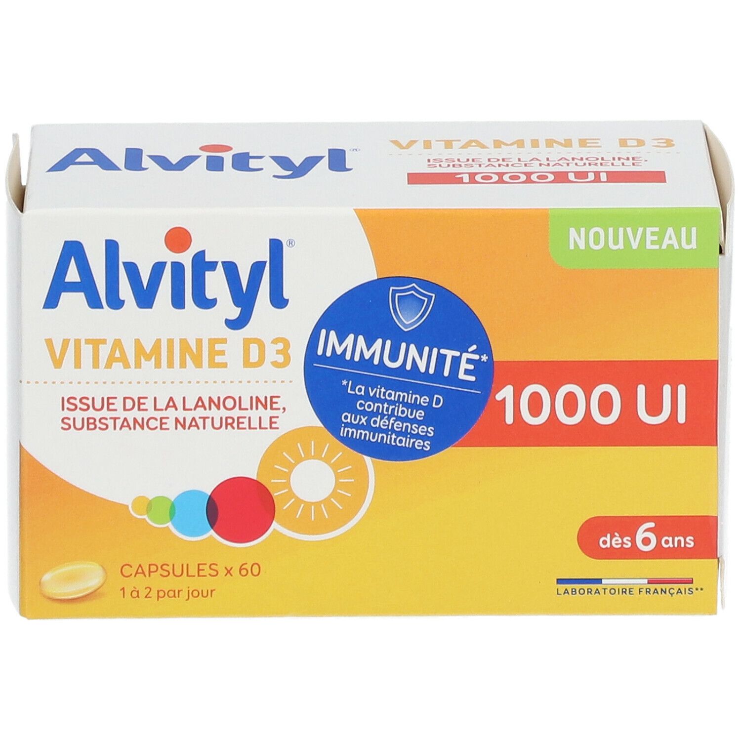 Boîte ALVITYL® Vitamine D3. Contient 60 capsules. Inscription: 1000 UI, dès 6 ans. Emballage jaune et blanc.
