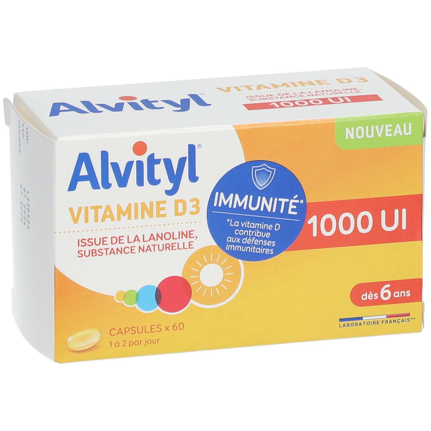 Boîte ALVITYL® Vitamine D3. Contient 60 capsules. Inscription: 1000 UI, dès 6 ans. Emballage jaune et blanc.
