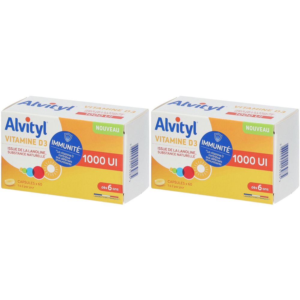 Deux boîtes ALVITYL® Vitamine D3. Inscription: 1000 UI, dès 6 ans. Emballage jaune et blanc.