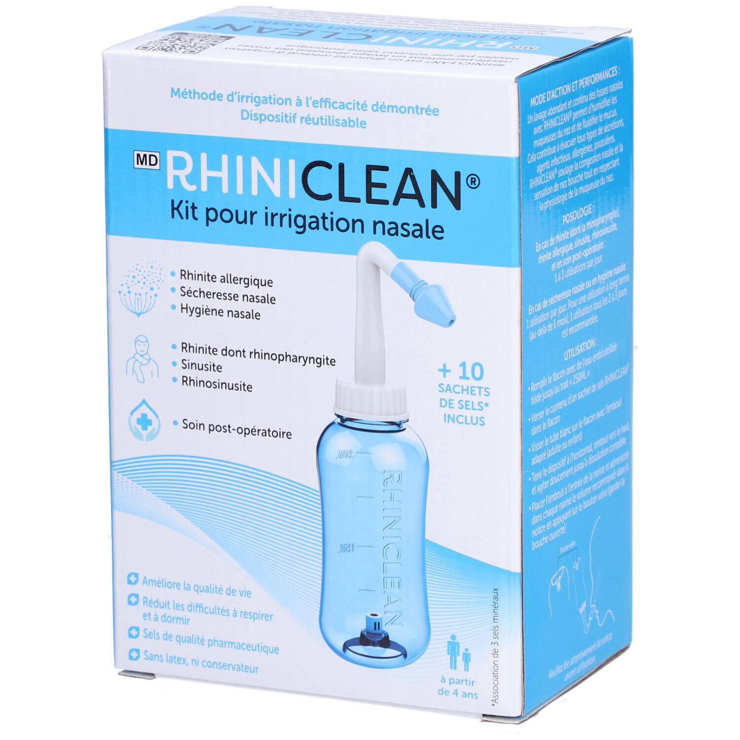 Emballage produit avec douche nasale et accessoires. Inscription: RHINICLEAN Kit pour irrigation nasale. Contient 10 sachets de sels.