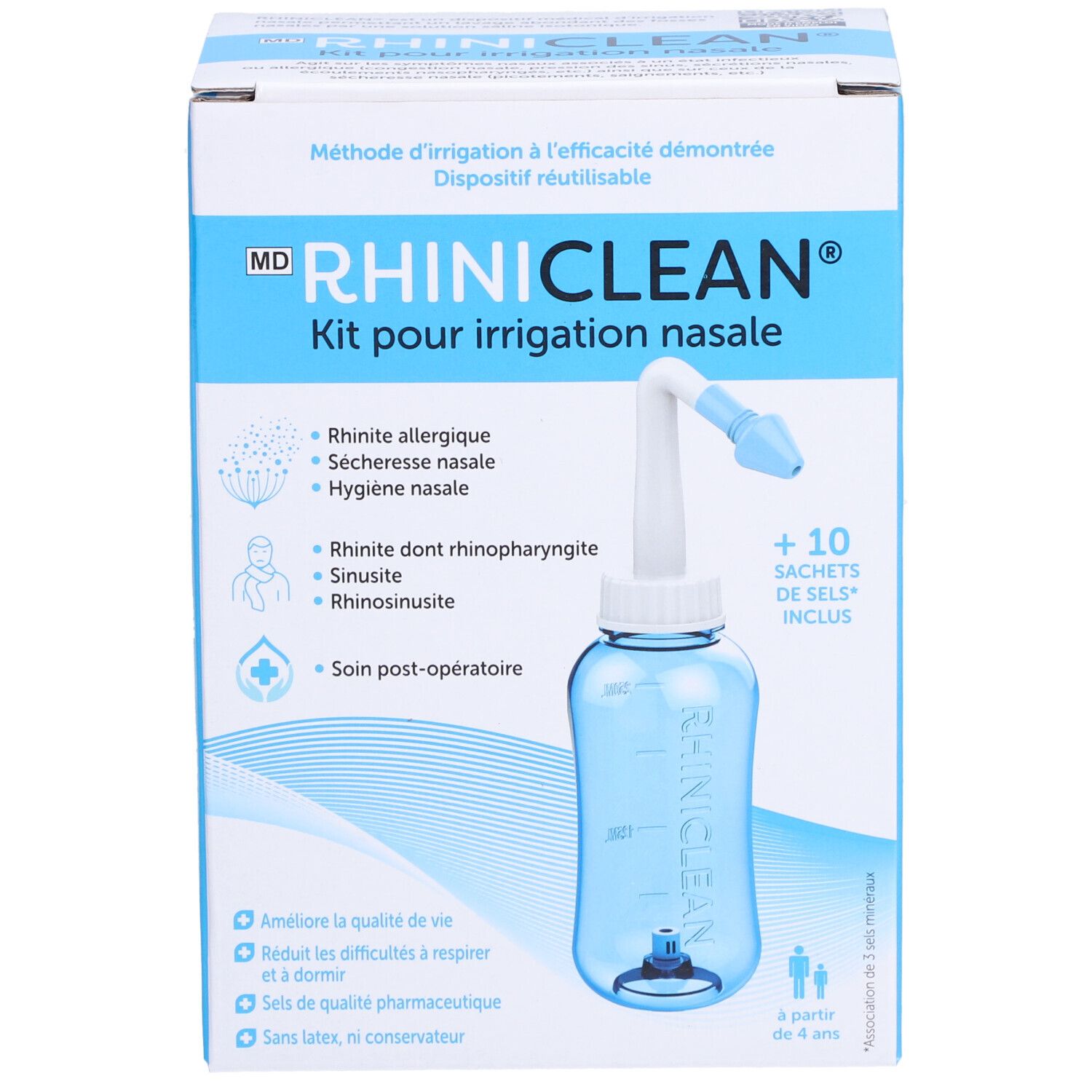 Emballage produit avec douche nasale et accessoires. Inscription: RHINICLEAN Kit pour irrigation nasale. Contient 10 sachets de sels.
