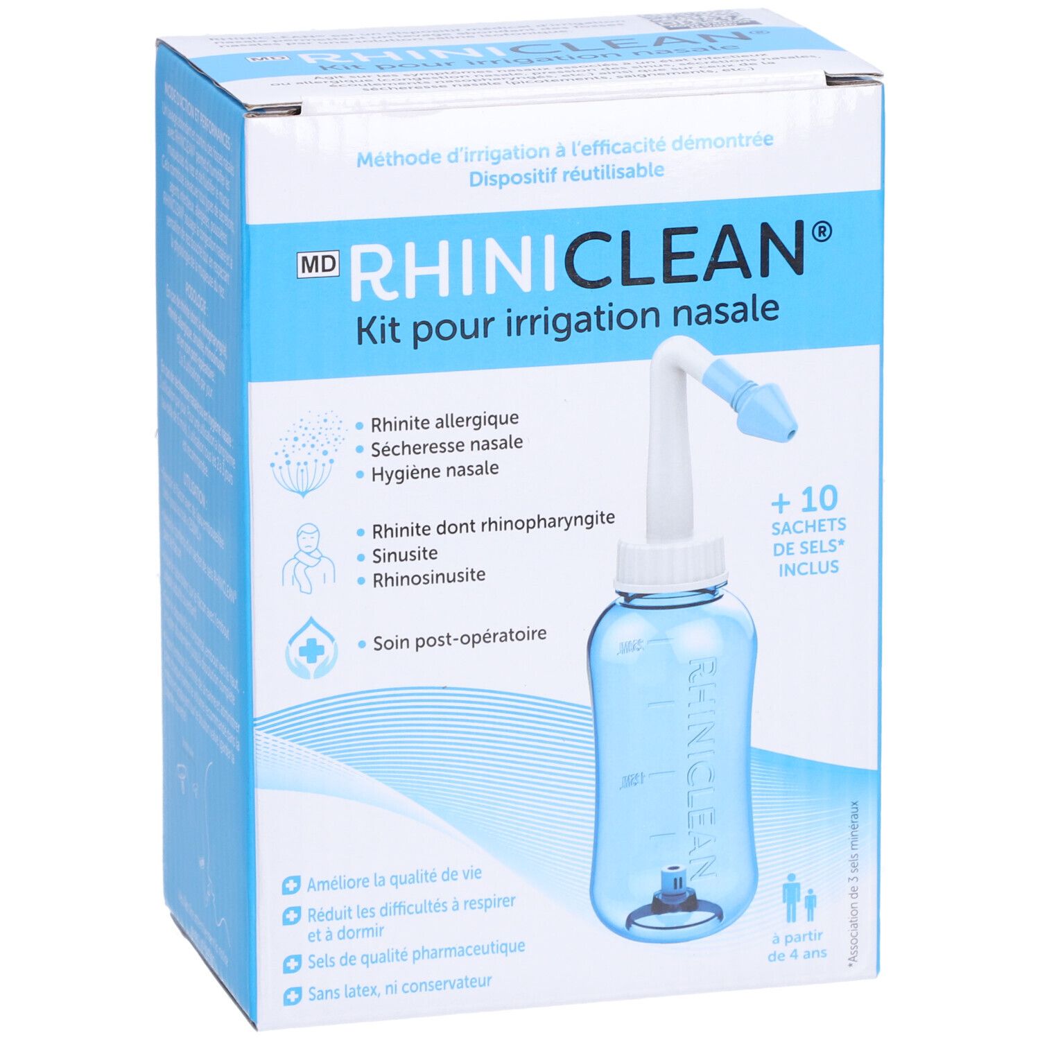 Emballage produit avec douche nasale et accessoires. Inscription: RHINICLEAN Kit pour irrigation nasale. Contient 10 sachets de sels.
