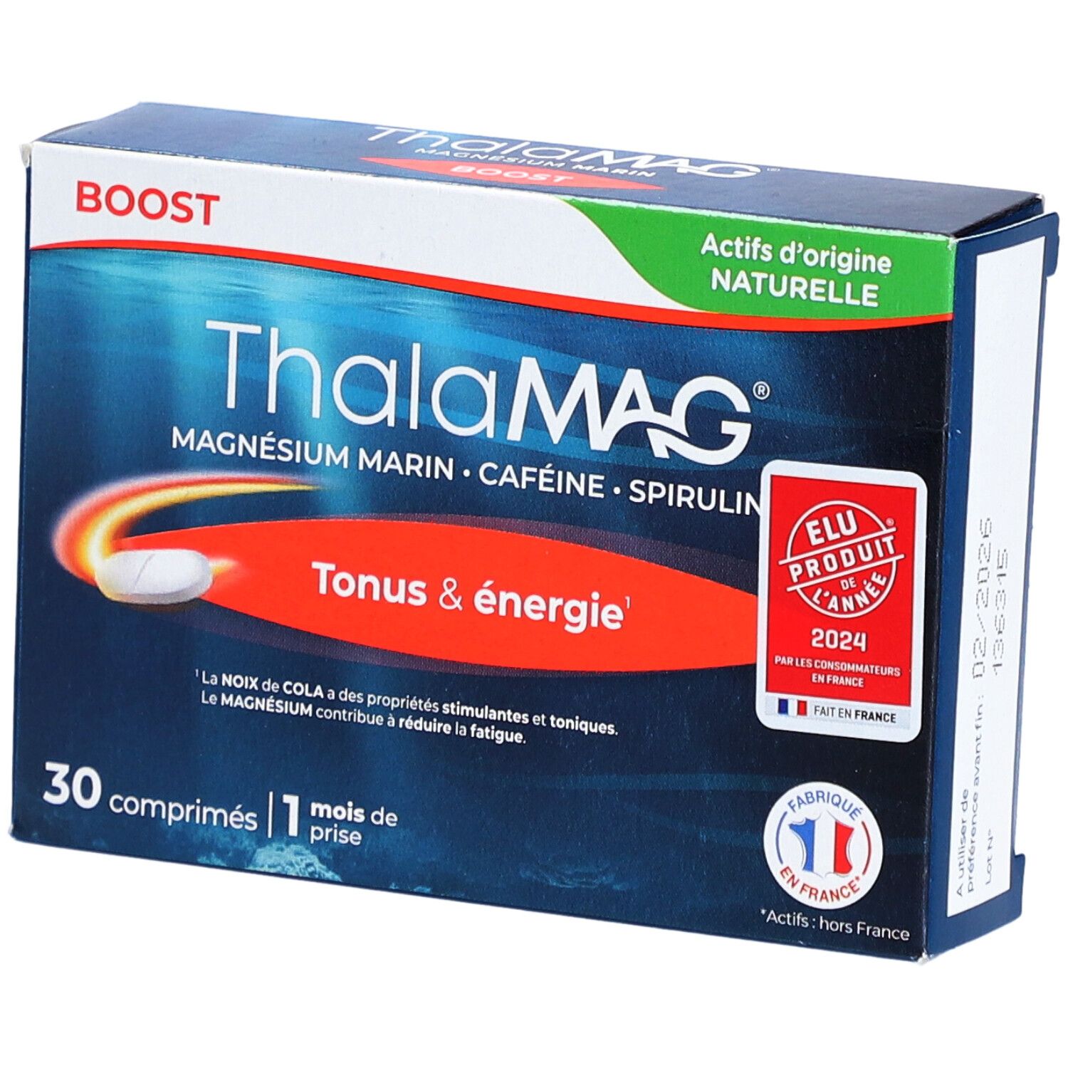 Boîte bleue et blanche ThalaMAG Boost. Contient 30 comprimés. Inscriptions: Magnésium Marin, Caféine, Spiruline. Label 'Elu Produit de l'année'.