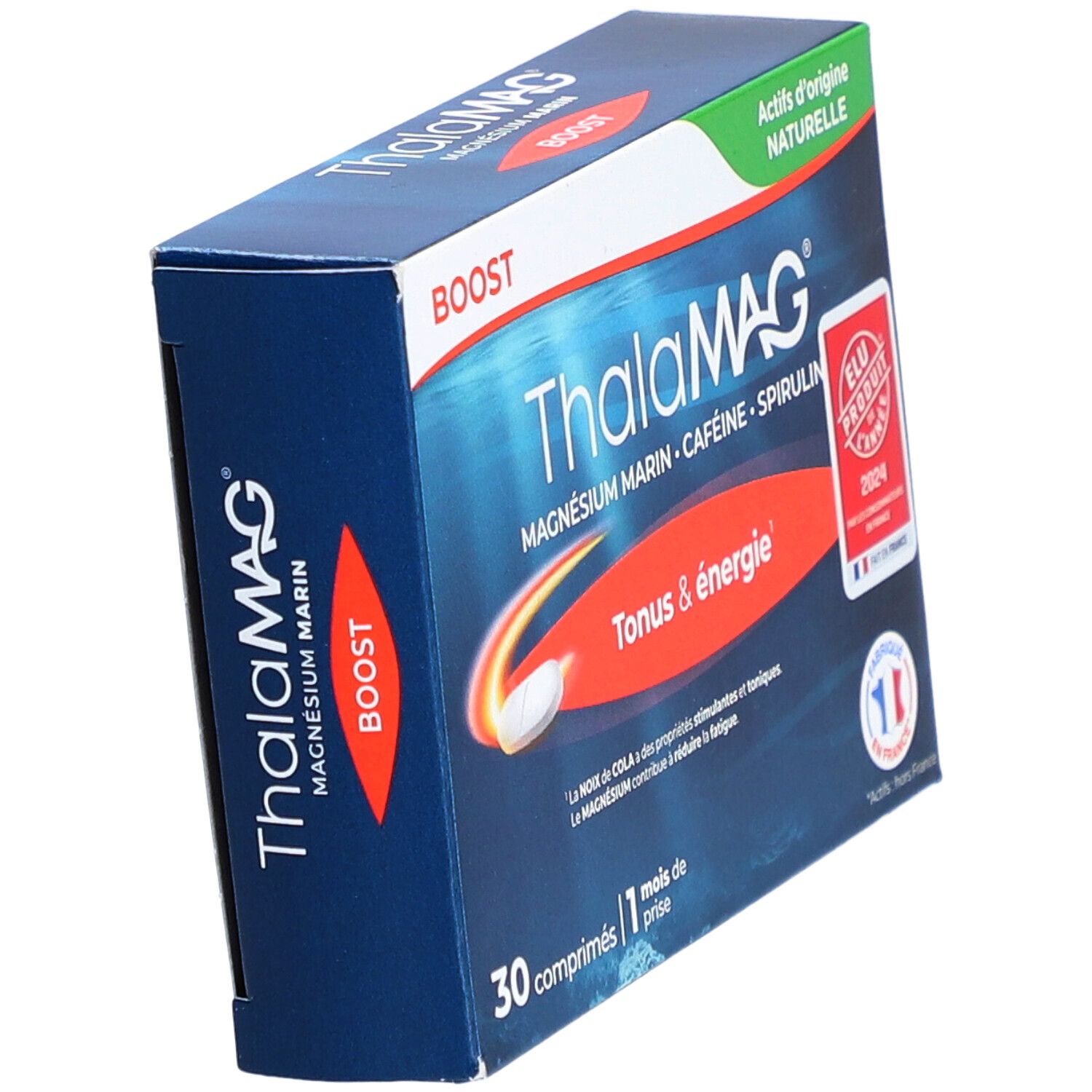 Boîte ThalaMAG Boost, bleue. Inscriptions: Magnésium Marin, Caféine, Spiruline. Marque rouge 'Boost'. Vue oblique.