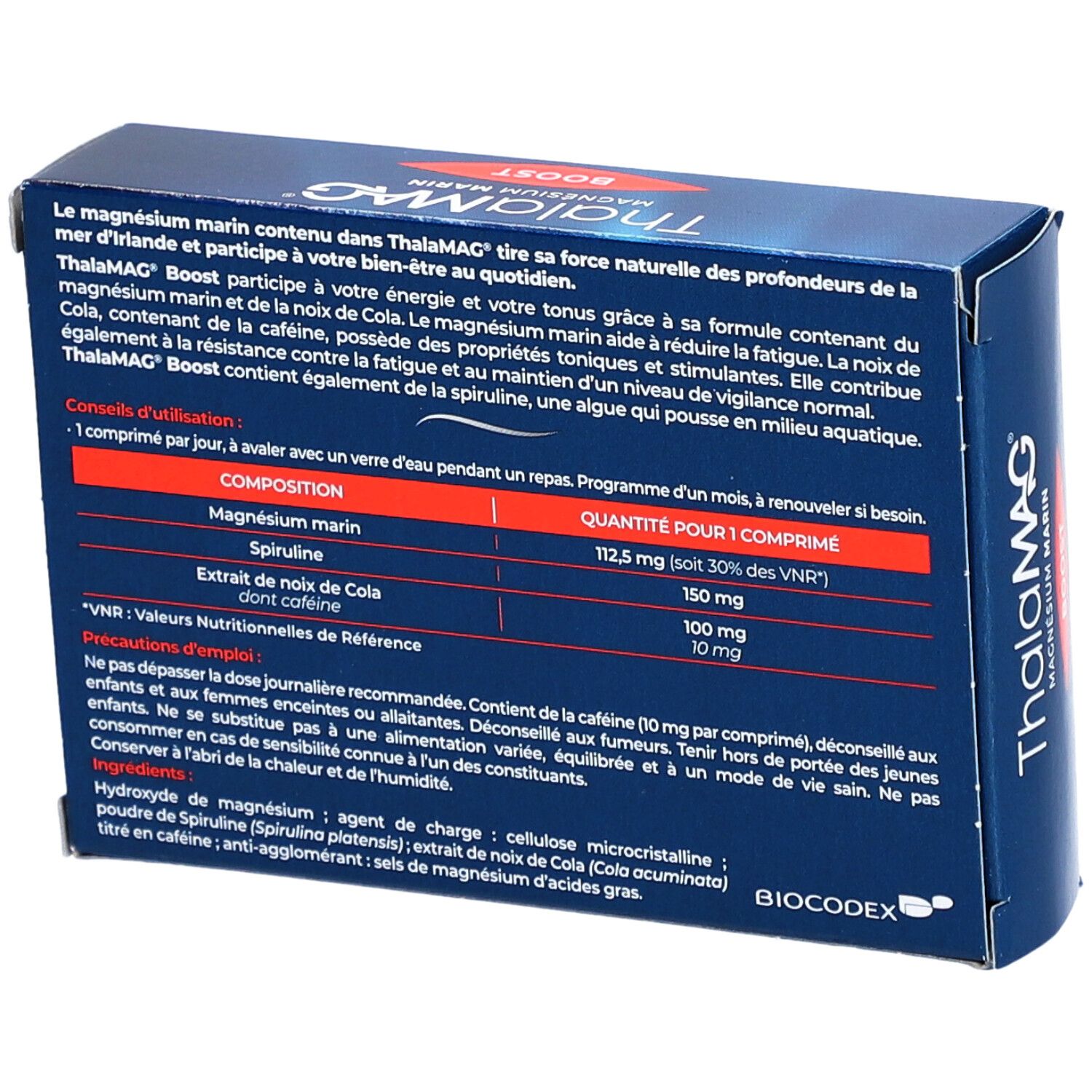 Dos de la boîte ThalaMAG Boost. Contient des informations sur les ingrédients et l'utilisation. Texte en français. Fabricant: BiocodeX.
