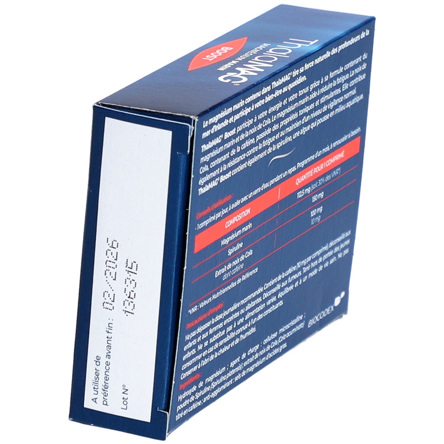 Dos de la boîte ThalaMAG Boost. Contient des informations sur les ingrédients et l'utilisation. Texte en français. Fabricant: BiocodeX.