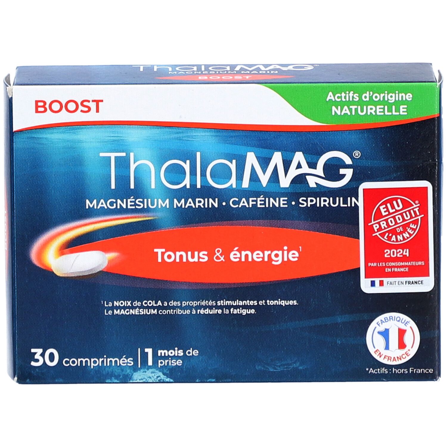 Boîte bleue et blanche ThalaMAG Boost. Contient 30 comprimés. Inscriptions: Magnésium Marin, Caféine, Spiruline. Label 'Elu Produit de l'année'.