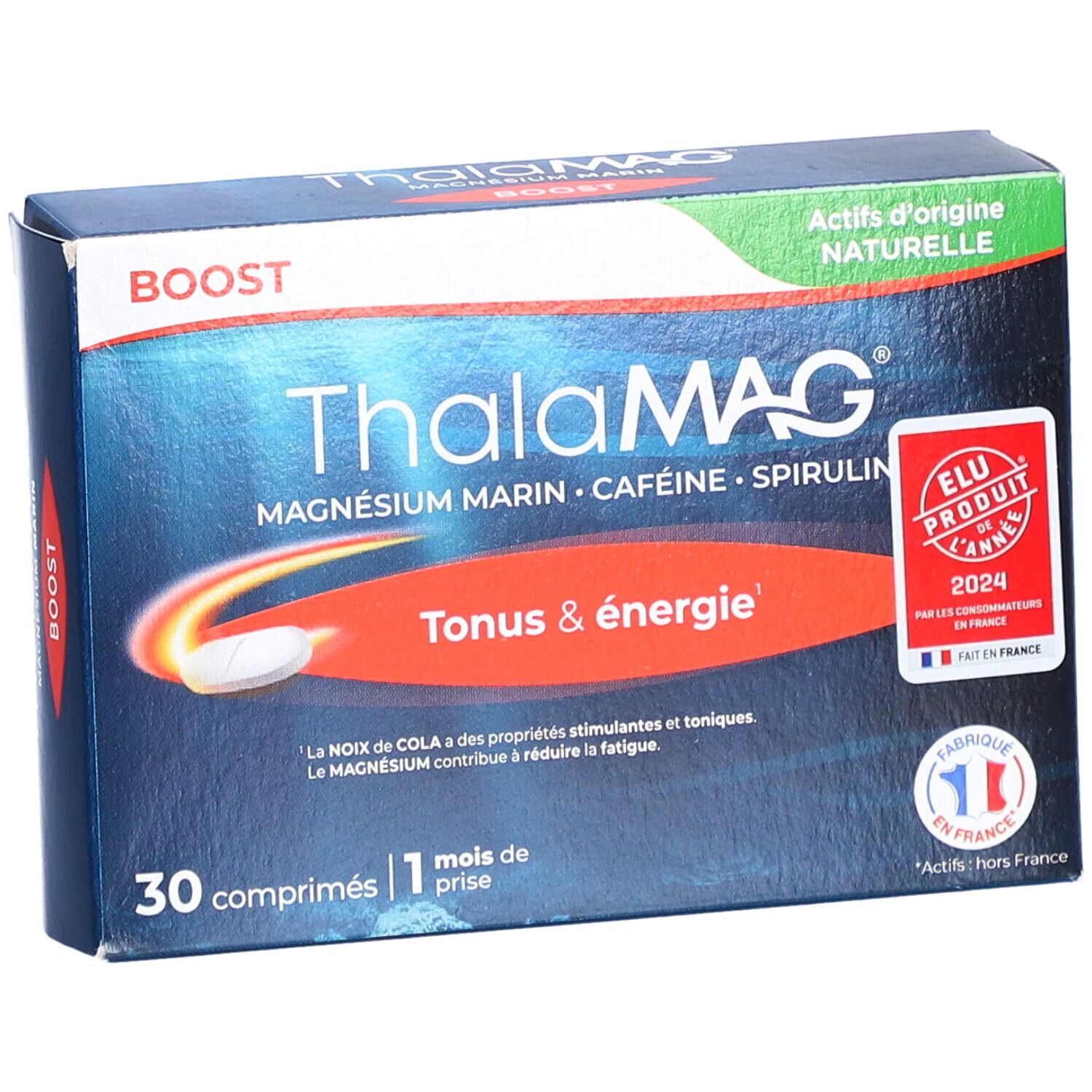 Boîte bleue et blanche ThalaMAG Boost. Contient 30 comprimés. Inscriptions: Magnésium Marin, Caféine, Spiruline. Label 'Elu Produit de l'année'.