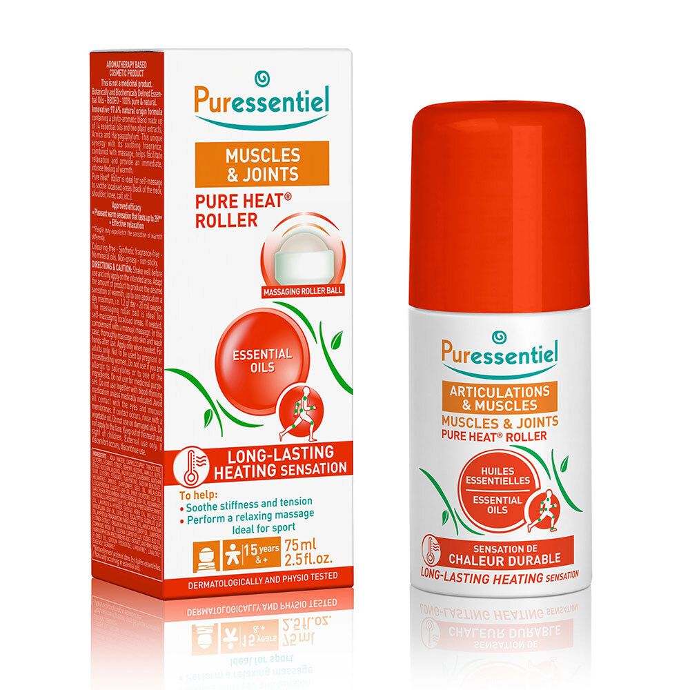 Roller mit roter Kappe und Verpackung. Text: Puressentiel, Articulations & Muscles, Pure Heat Roller.