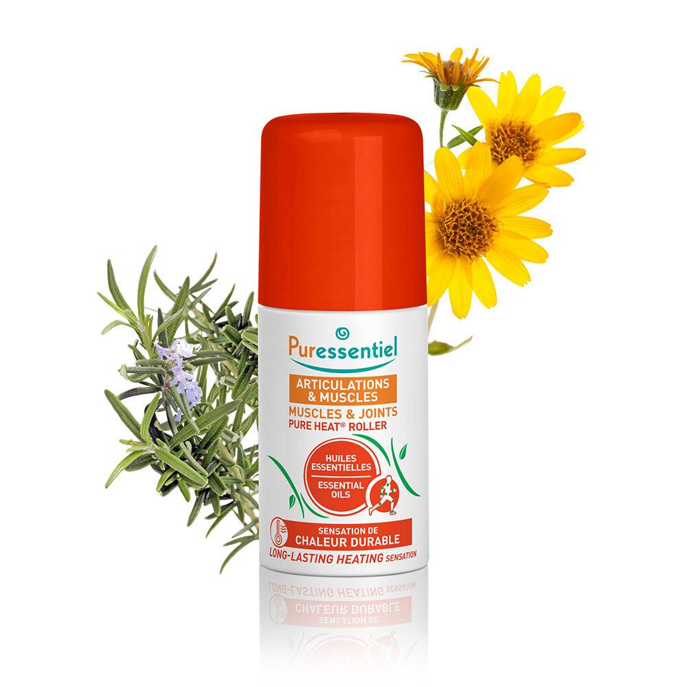 Weißer Roller mit roter Kappe. Text: Puressentiel, Articulations & Muscles, Pure Heat Roller. Mit Massagekugel.