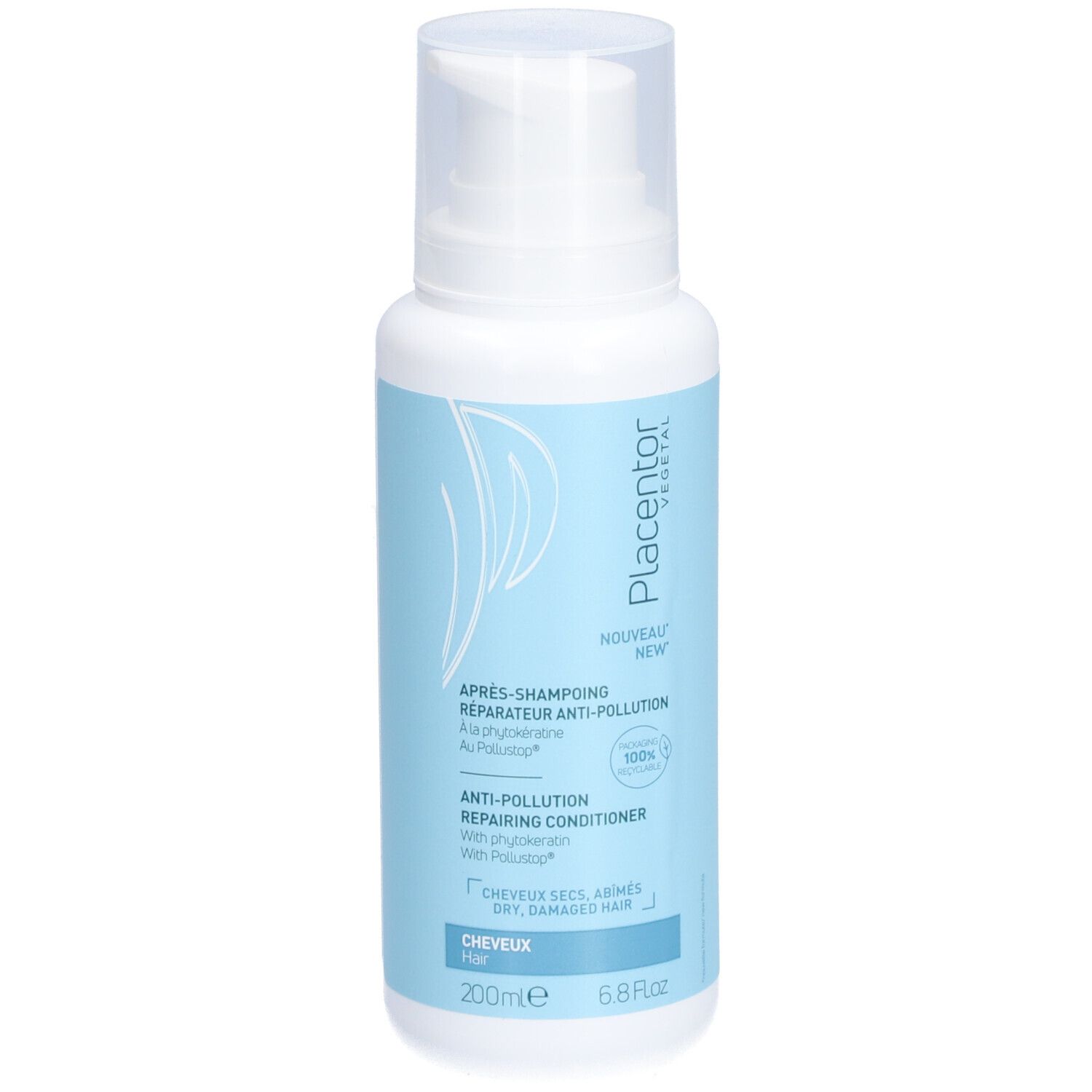 Flacon avec pompe blanche. Inscription: APRÈS-SHAMPOING RÉPARATEUR ANTI-POLLUTION. Étiquetage bleu et blanc. 200ml.