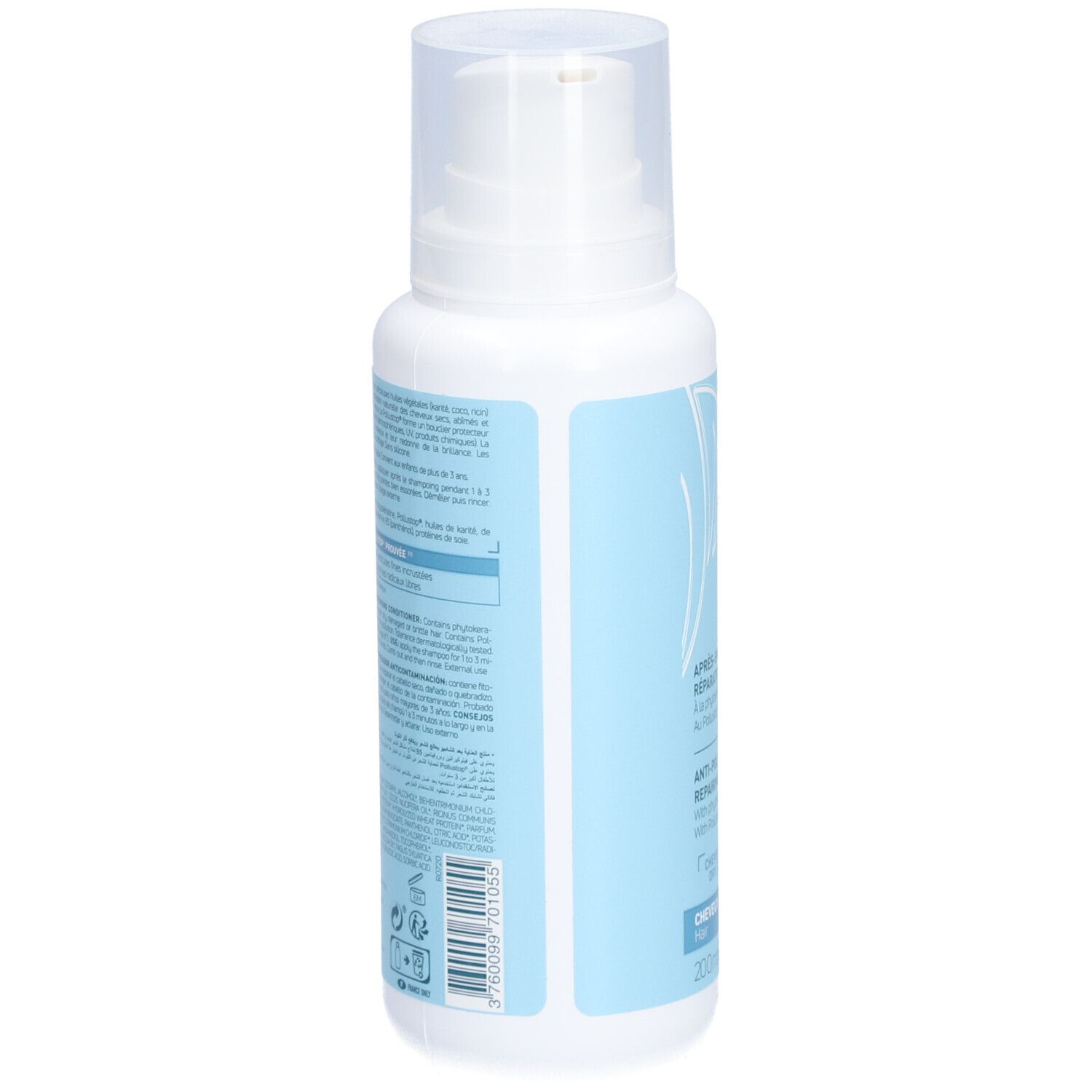 Flacon avec pompe blanche. Étiquetage bleu et blanc. Texte multilingue. 200ml.