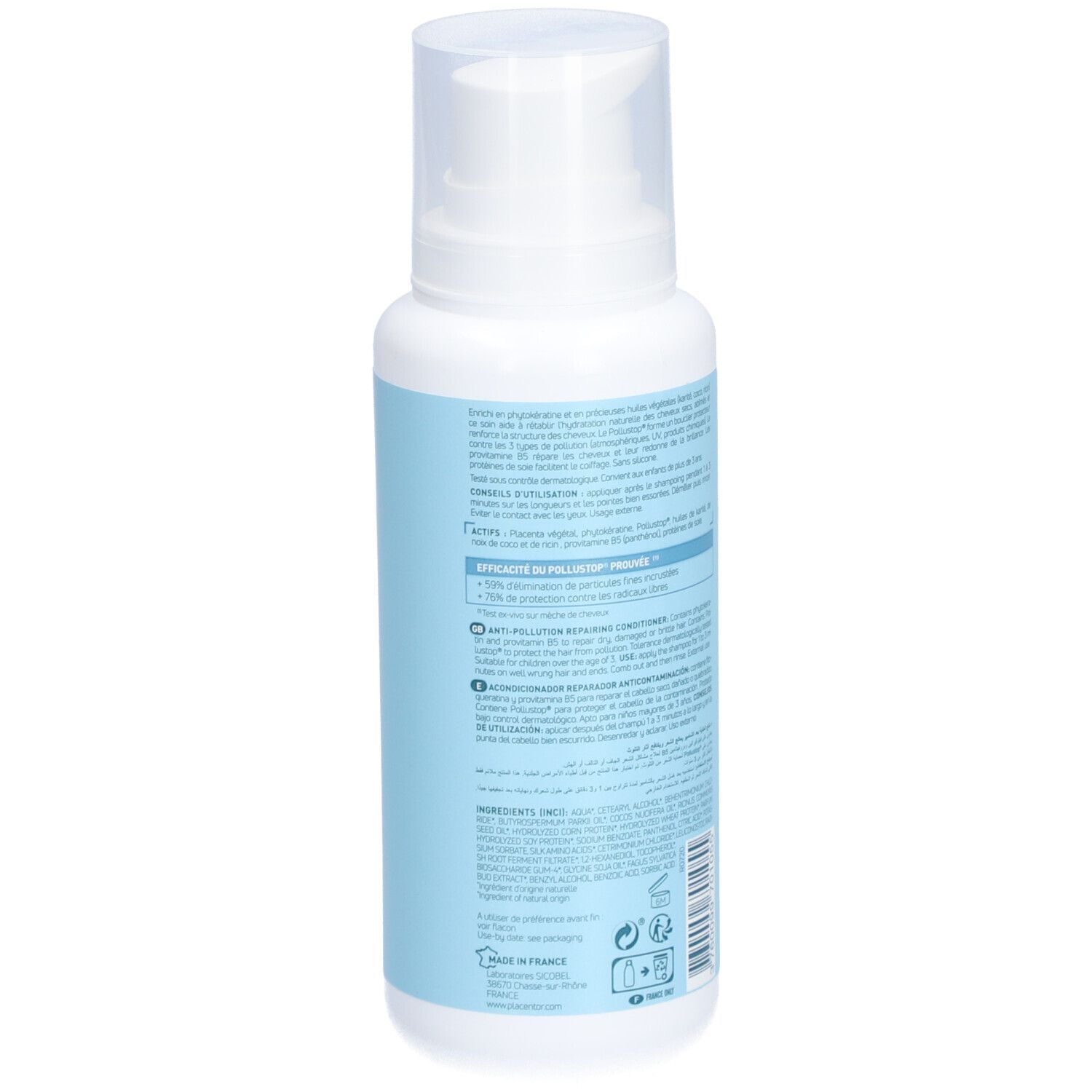 Flacon avec pompe blanche. Étiquetage bleu et blanc. Texte multilingue. 200ml.