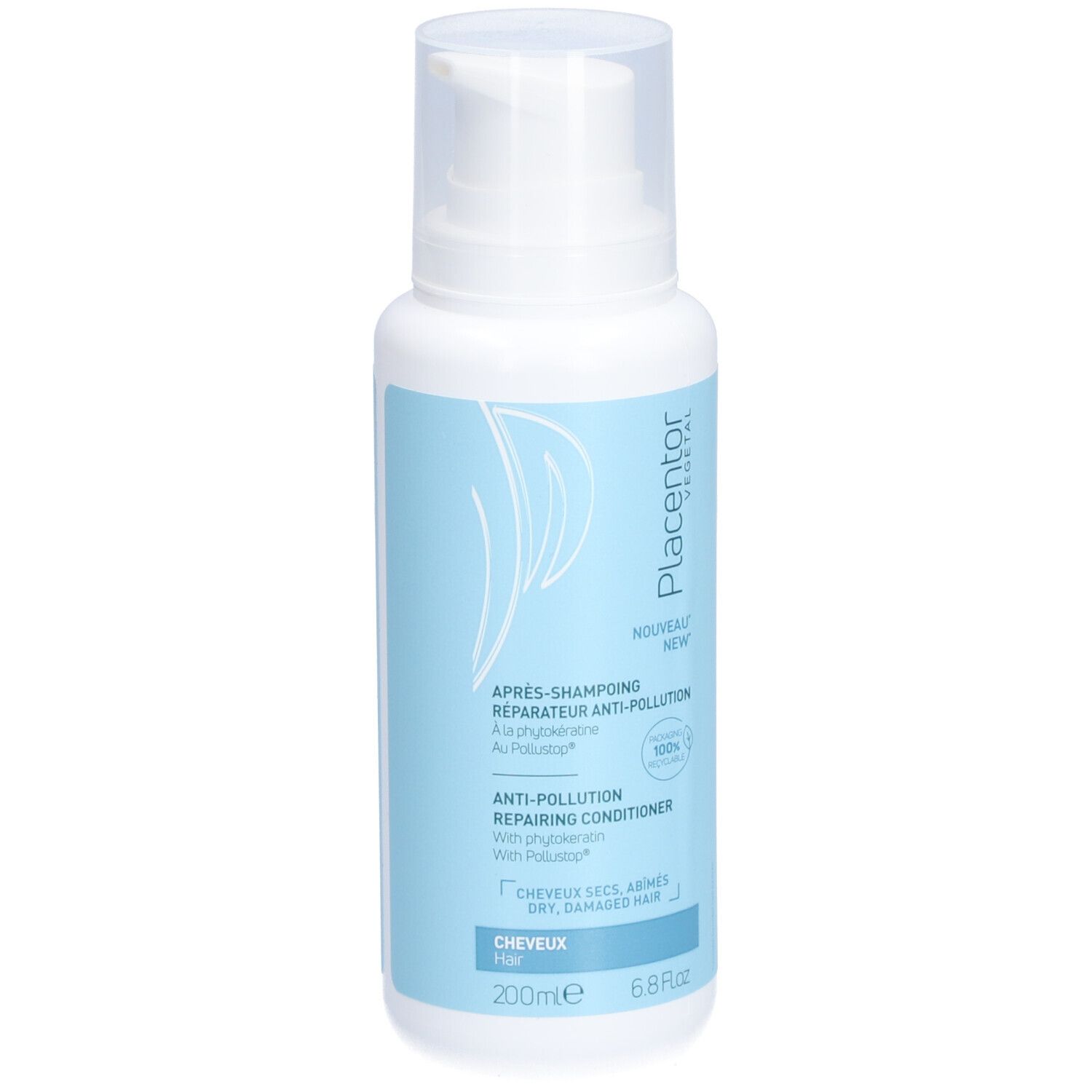 Flacon avec pompe blanche. Inscription: APRÈS-SHAMPOING RÉPARATEUR ANTI-POLLUTION. Étiquetage bleu et blanc. 200ml.
