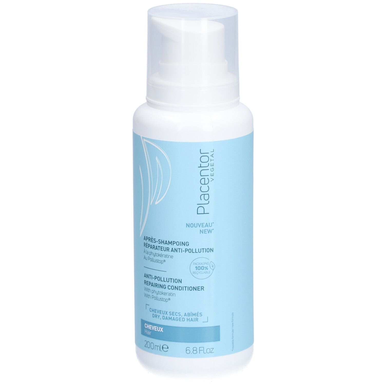 Flacon avec pompe blanche. Inscription: APRÈS-SHAMPOING RÉPARATEUR ANTI-POLLUTION. Étiquetage bleu et blanc. 200ml.