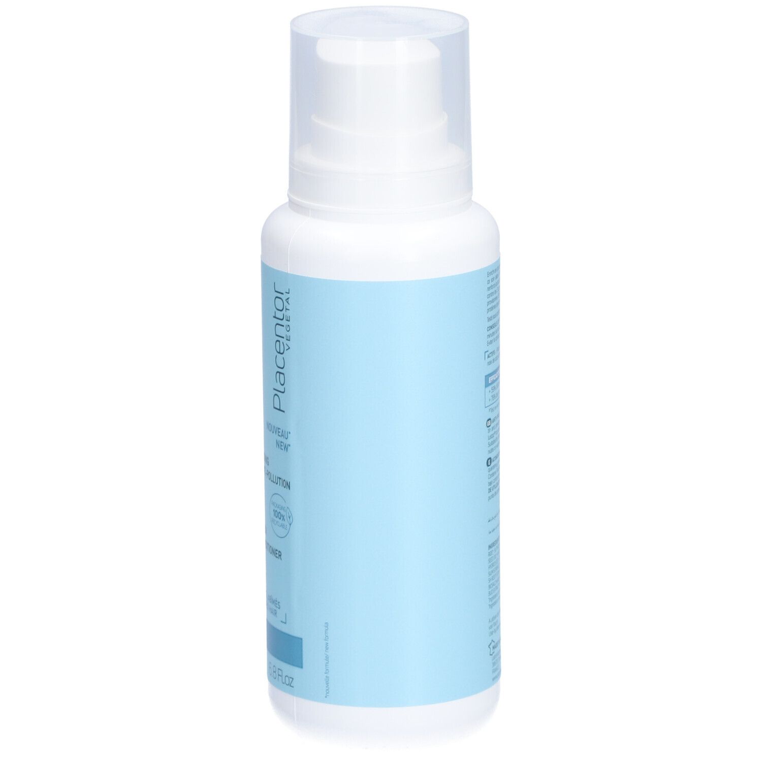 Flacon avec pompe blanche. Étiquetage bleu et blanc. Texte multilingue. 200ml.