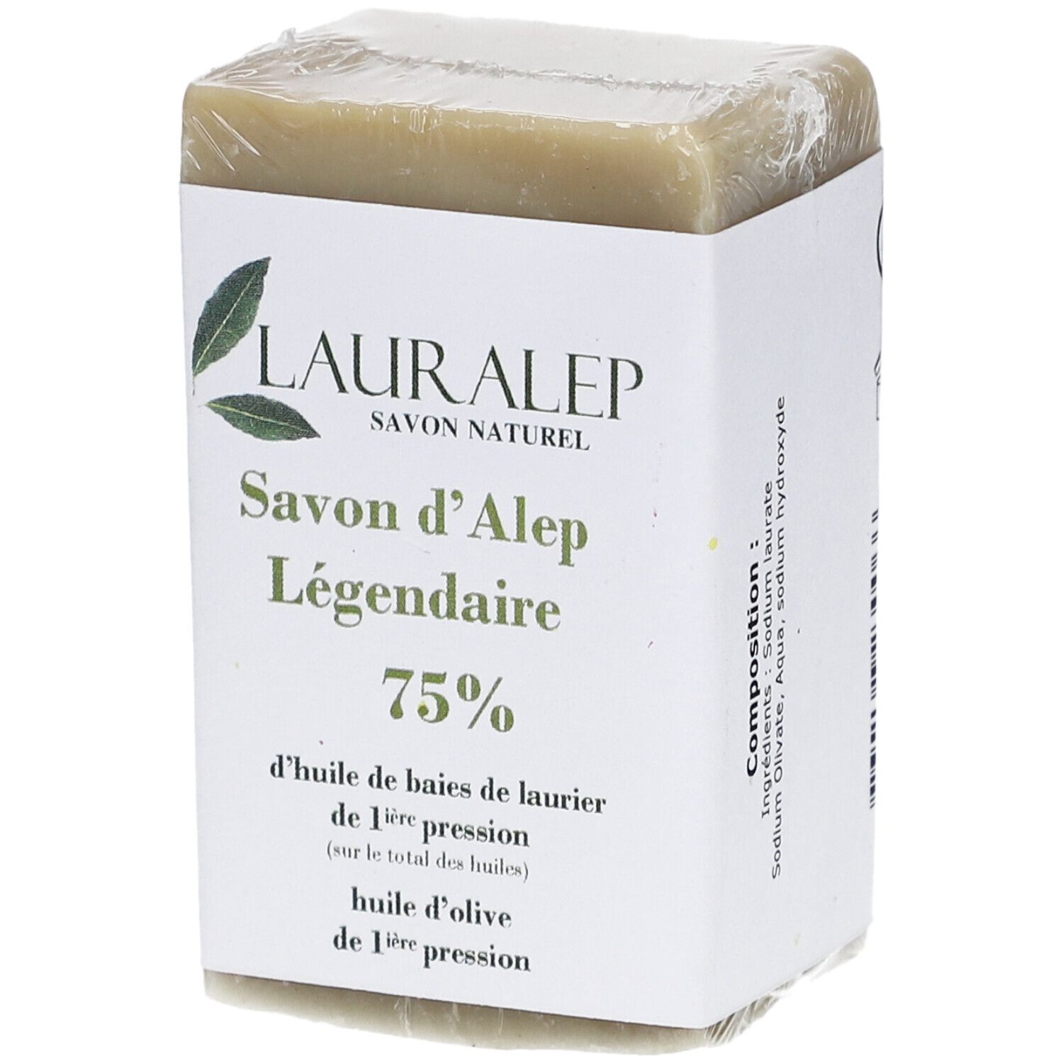 Savon emballé. Inscription: LAURALEP Savon d'Alep Légendaire 75%. Ingrédients visibles.