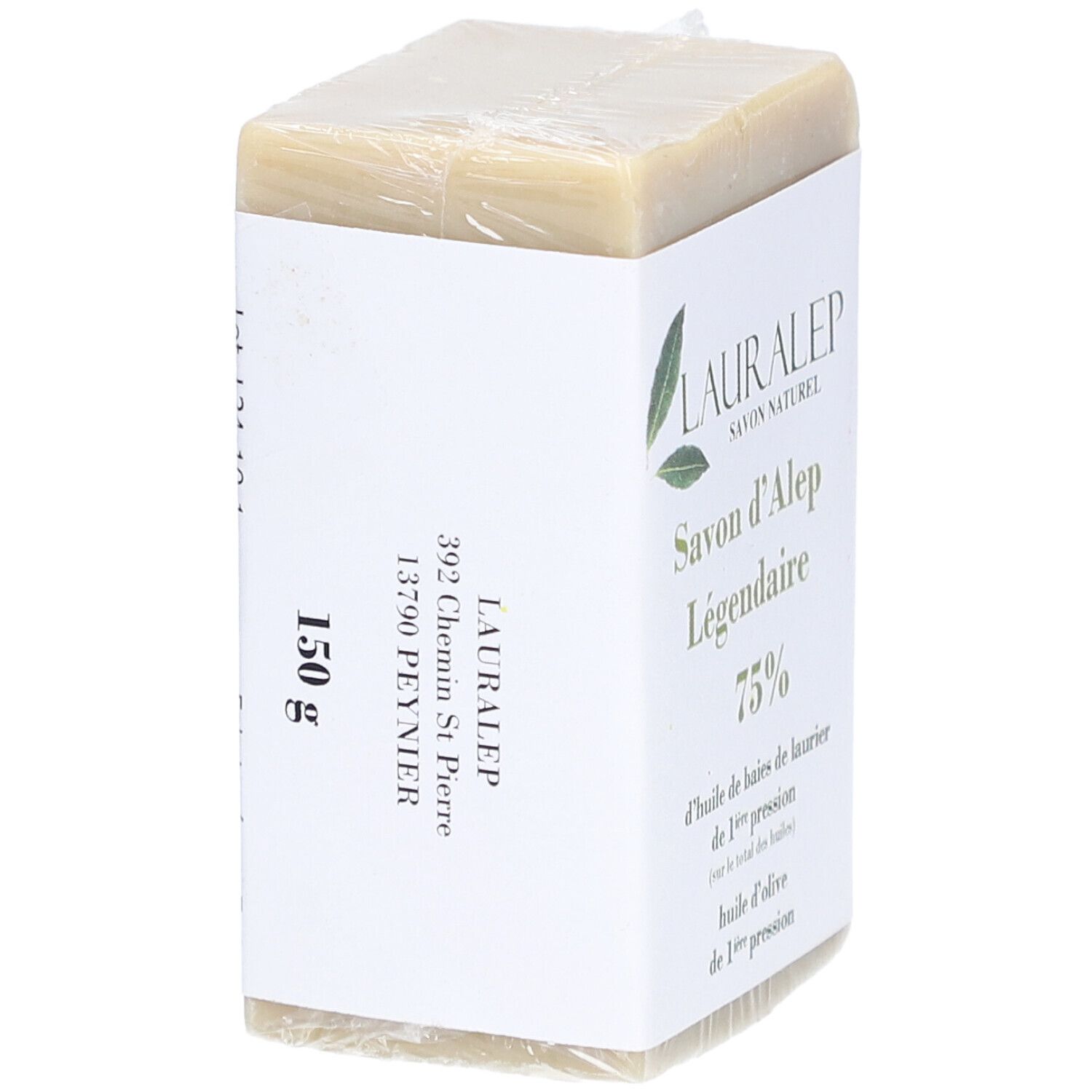 Savon emballé. Inscription: LAURALEP Savon d'Alep Légendaire 75%. Poids 150g.