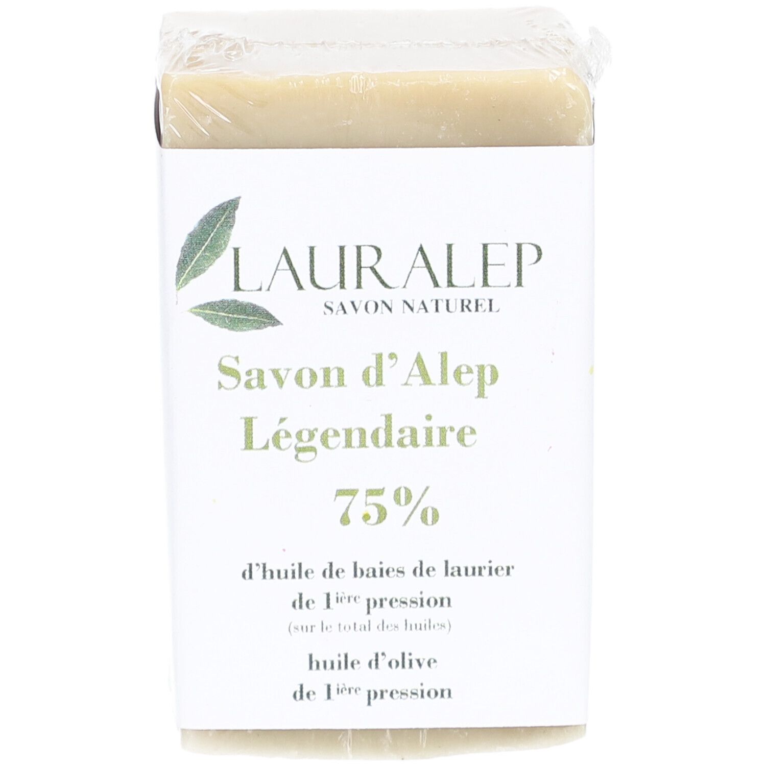 Savon emballé. Inscription: LAURALEP Savon d'Alep Légendaire 75%.