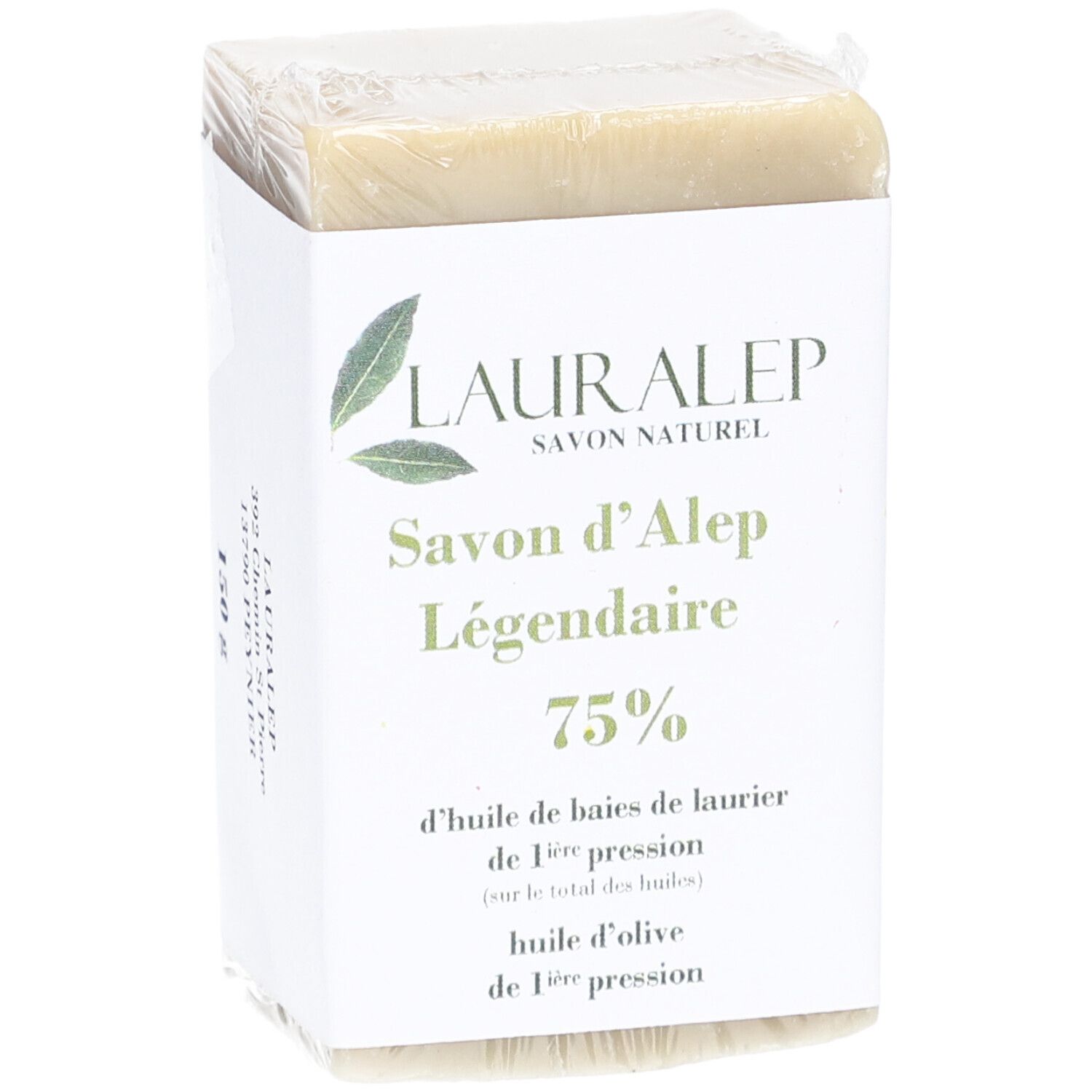 Savon emballé. Inscription: LAURALEP Savon d'Alep Légendaire 75%. Poids 150g.