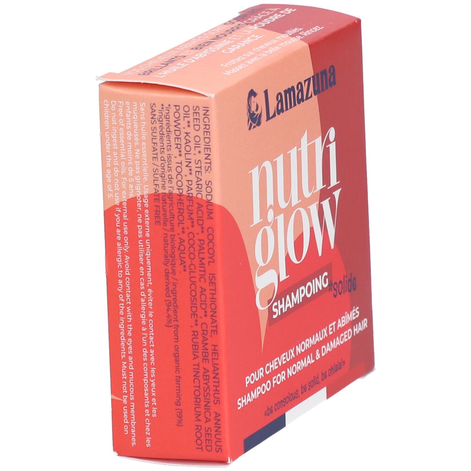 Kartonverpackung mit Inhaltsstoffen: Sodium, Cocoyl, etc. Für normales & geschädigtes Haar. Festes Shampoo.