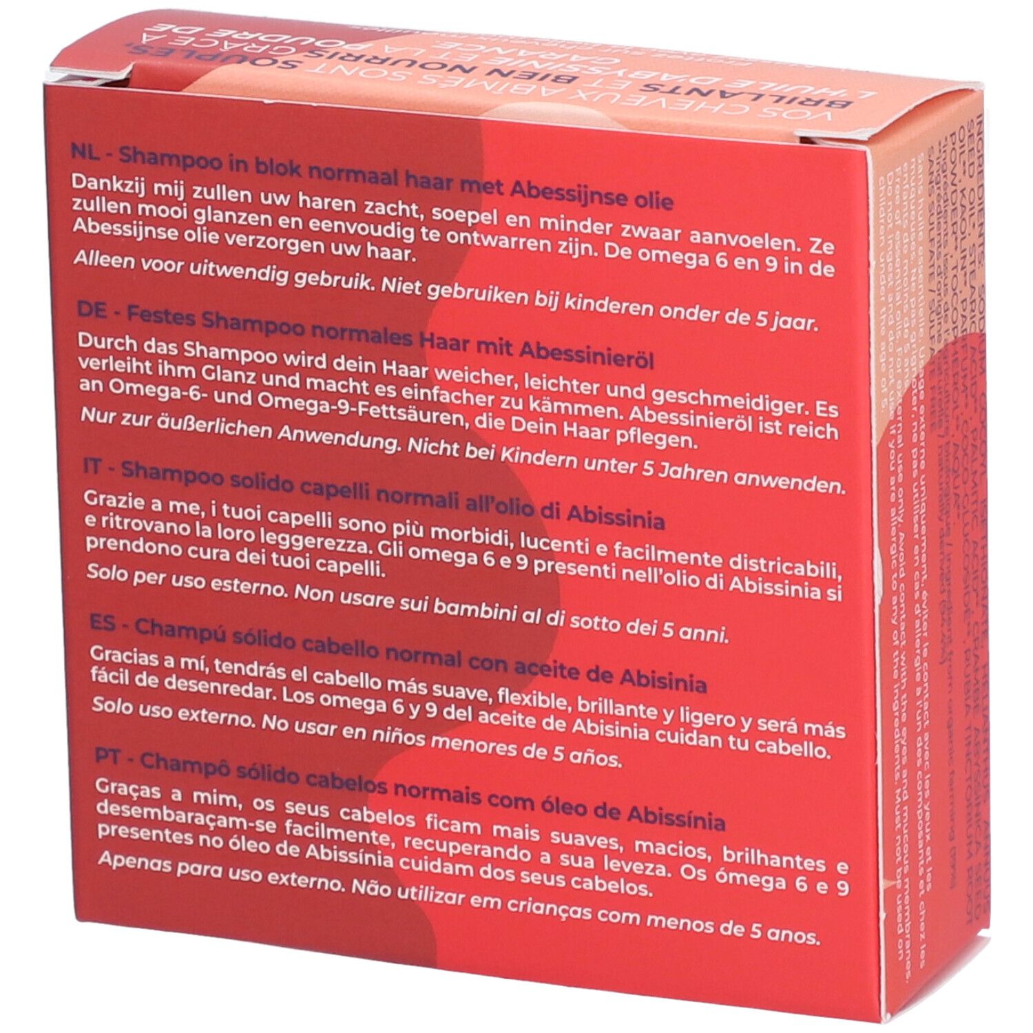 Rückseite der Kartonverpackung mit Text in Deutsch, Niederländisch, Italienisch, Spanisch und Portugiesisch.