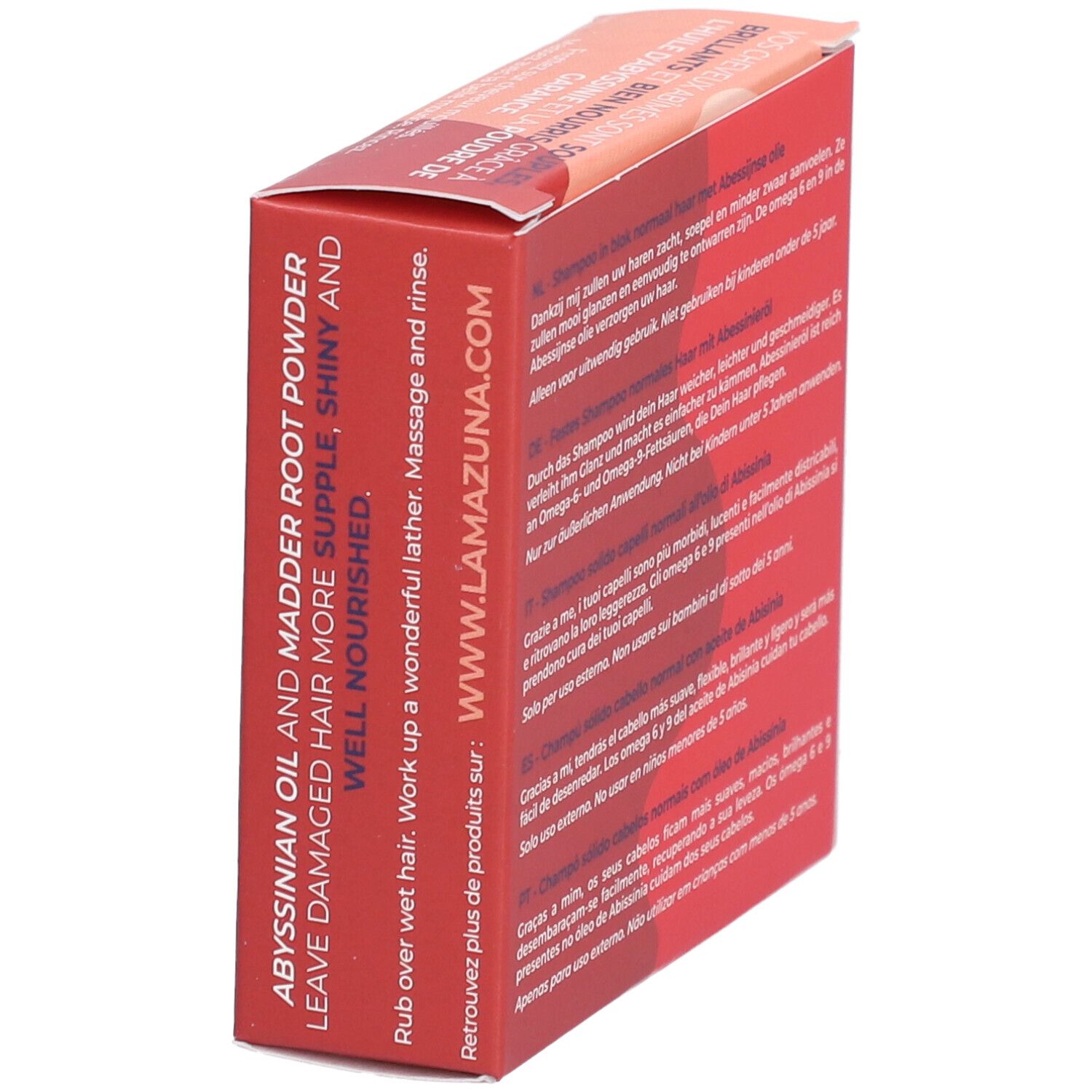 Kartonverpackung mit Text: Abessinieröl und Krappwurzel. Für normales & geschädigtes Haar. www.lamazuna.com