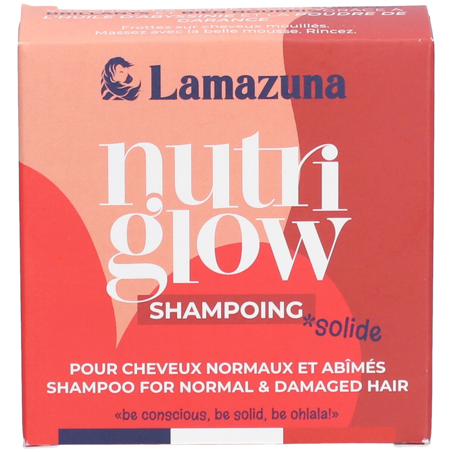 Rote Kartonverpackung mit "Lamazuna Nutri Glow"-Schriftzug. Für normales & geschädigtes Haar. Festes Shampoo.