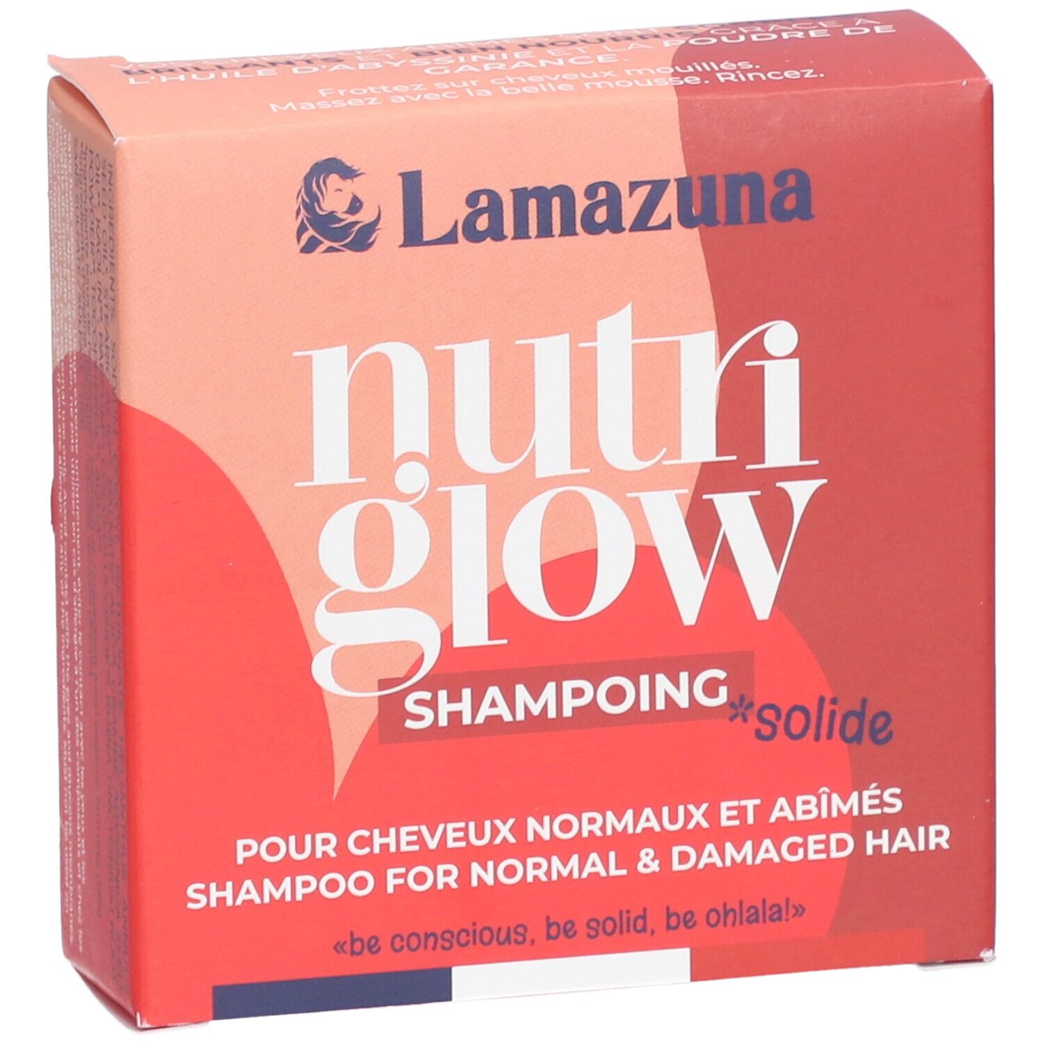 Rote Kartonverpackung mit "Lamazuna Nutri Glow"-Schriftzug. Für normales & geschädigtes Haar. Festes Shampoo.