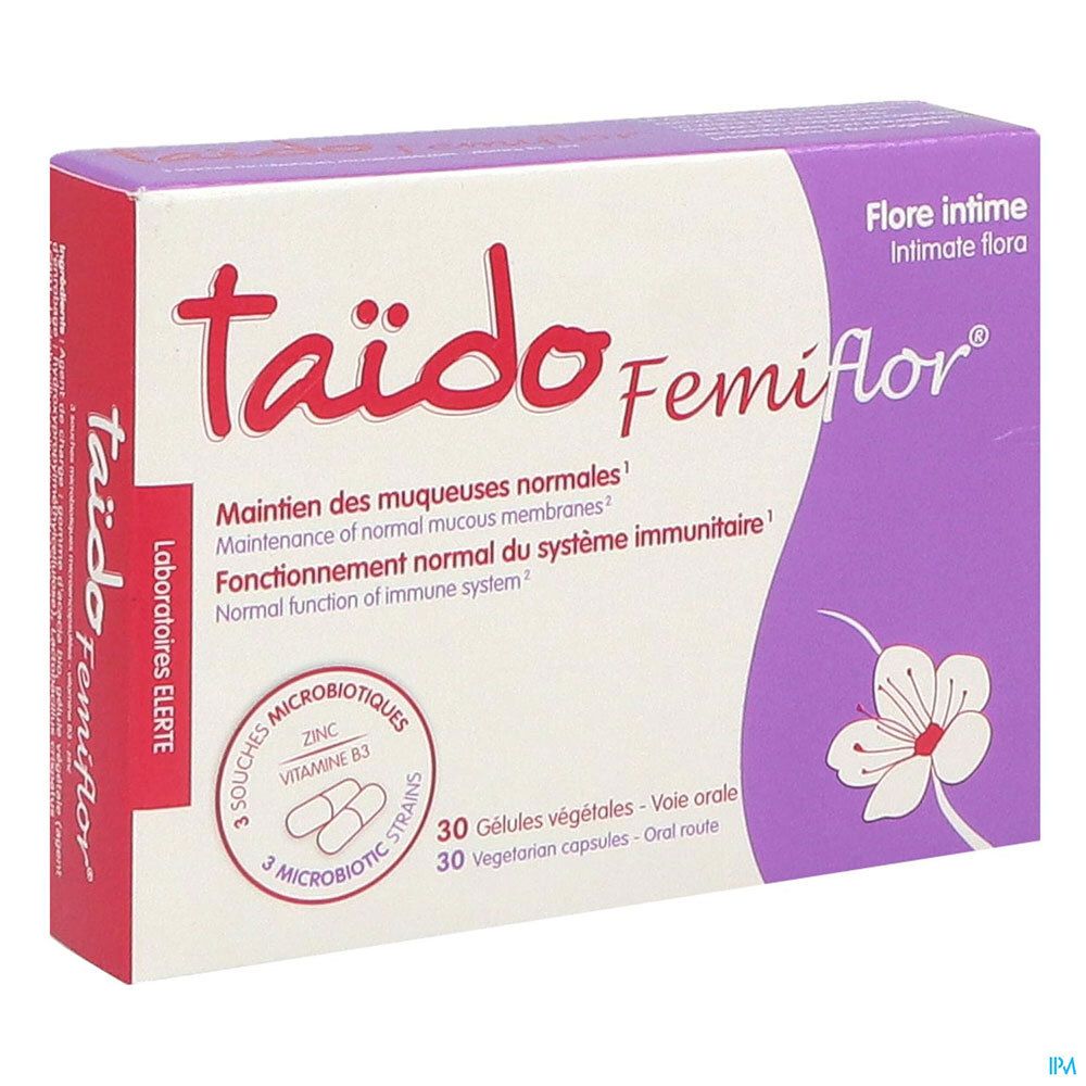 Boîte Taïdo Femiflor. Inscription : Flore intime, 30 gélules, 3 souches probiotiques. Rose, blanc, violet.