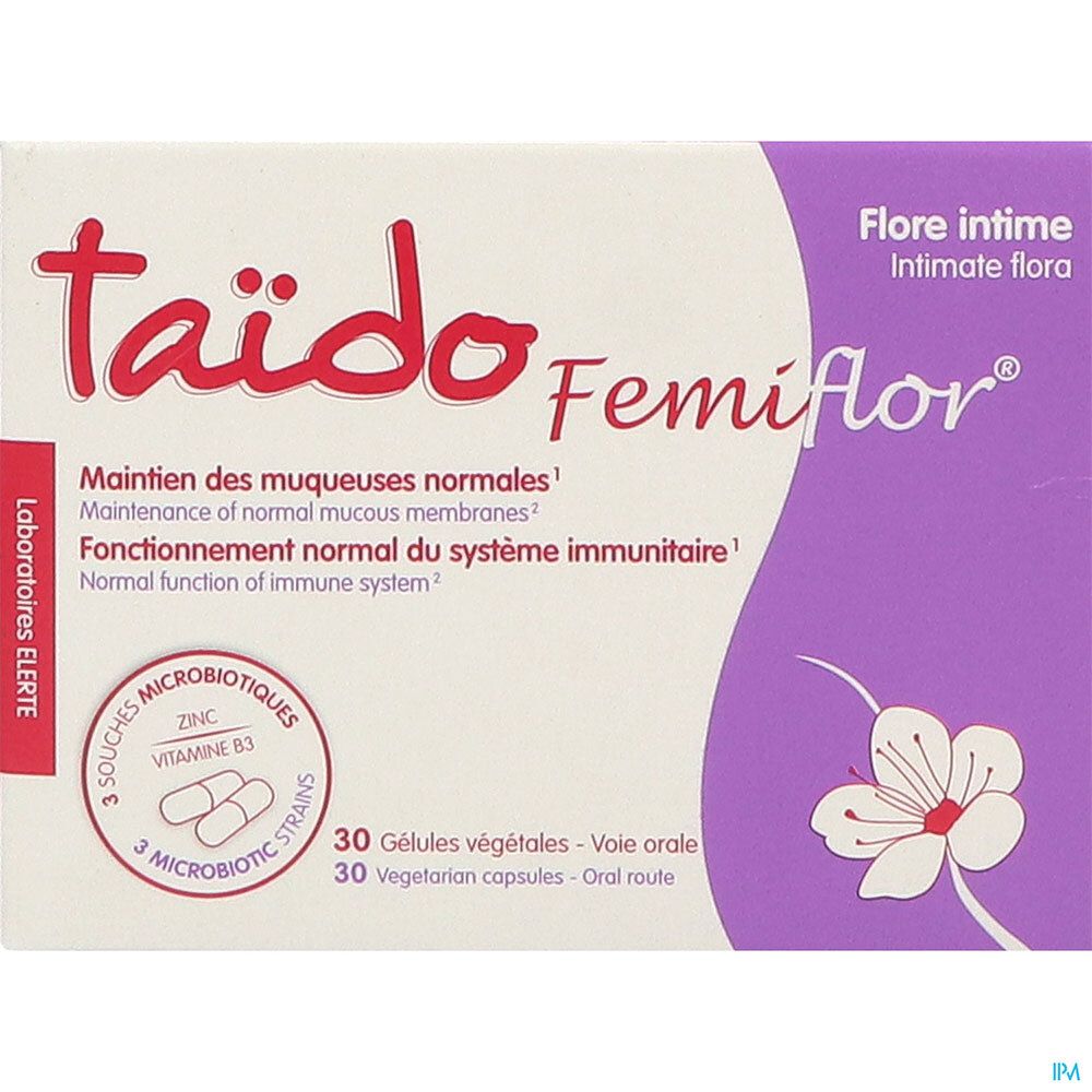 Boîte Taïdo Femiflor. Inscription : Flore intime, 30 gélules, 3 souches probiotiques. Rose, blanc, violet.