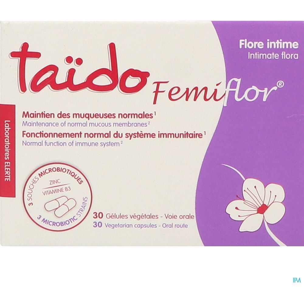 Boîte Taïdo Femiflor. Inscription : Flore intime, 30 gélules, 3 souches probiotiques. Rose, blanc, violet.