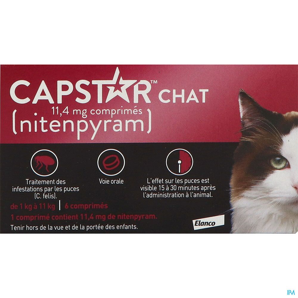 Emballage de CAPSTAR CHAT, comprimés 11,4 mg. Emballage rouge et blanc avec chat. 6 comprimés.