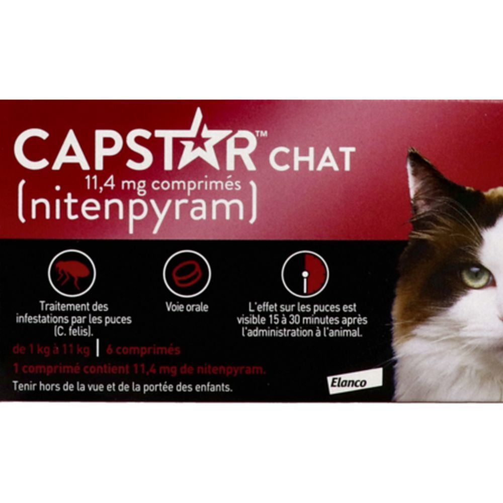 Emballage de CAPSTAR CHAT, comprimés 11,4 mg. Emballage rouge et blanc avec chat. 6 comprimés.