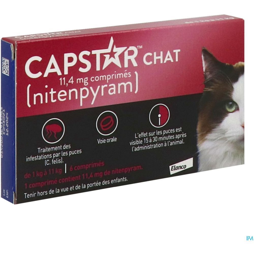 Boîte de CAPSTAR CHAT, comprimés 11,4 mg. Emballage rouge et blanc avec chat. 6 comprimés.