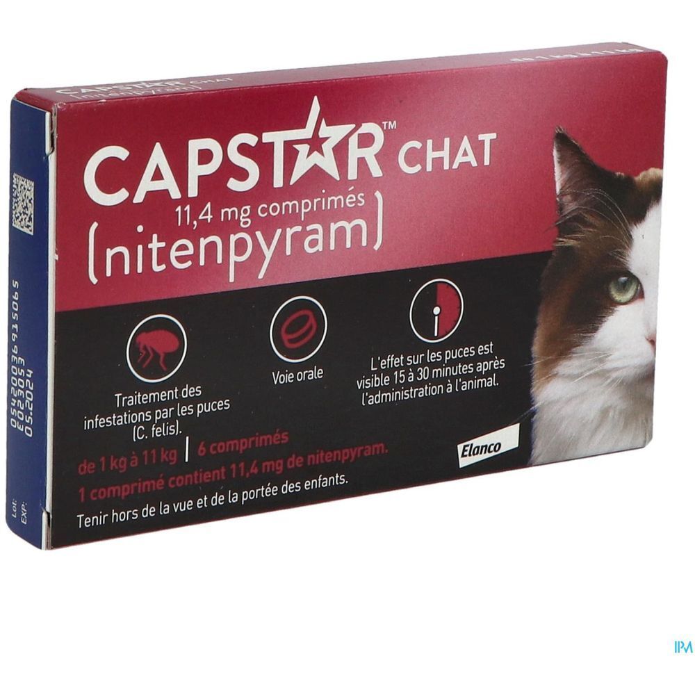 Emballage de CAPSTAR CHAT, comprimés 11,4 mg. Rouge et blanc, chat. 6 comprimés. Code.