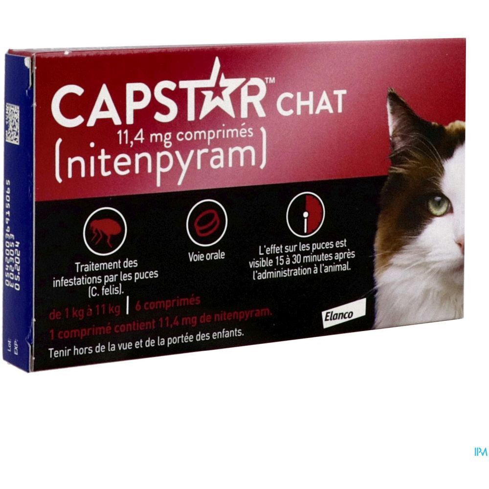 Emballage de CAPSTAR CHAT, comprimés 11,4 mg. Rouge et blanc, chat. 6 comprimés. Code.