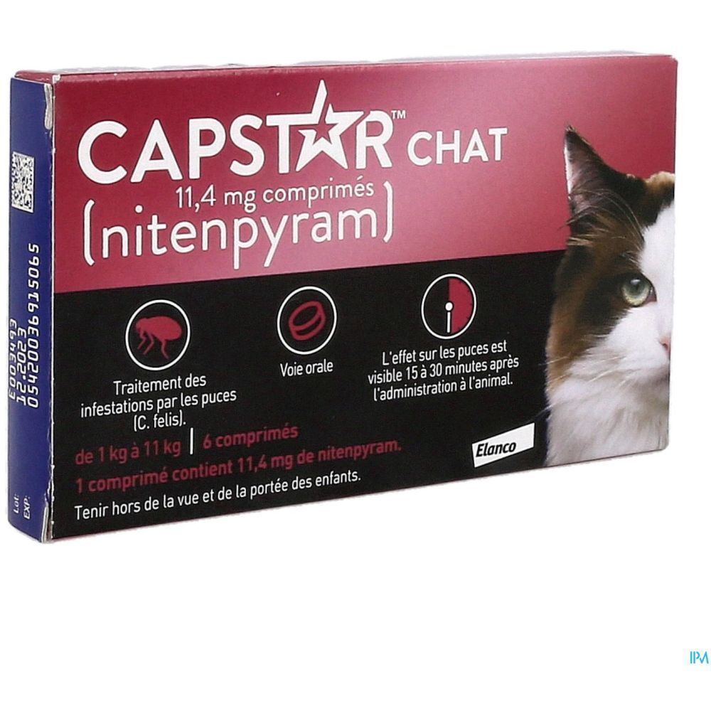 Emballage de CAPSTAR CHAT, comprimés 11,4 mg. Rouge et blanc, chat. 6 comprimés. Code.