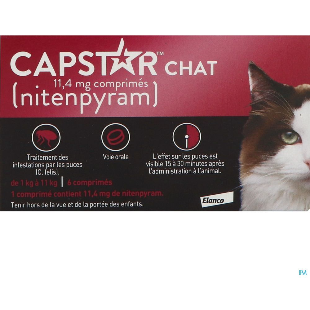 Emballage de CAPSTAR CHAT, comprimés 11,4 mg. Rouge et blanc, chat. 6 comprimés.