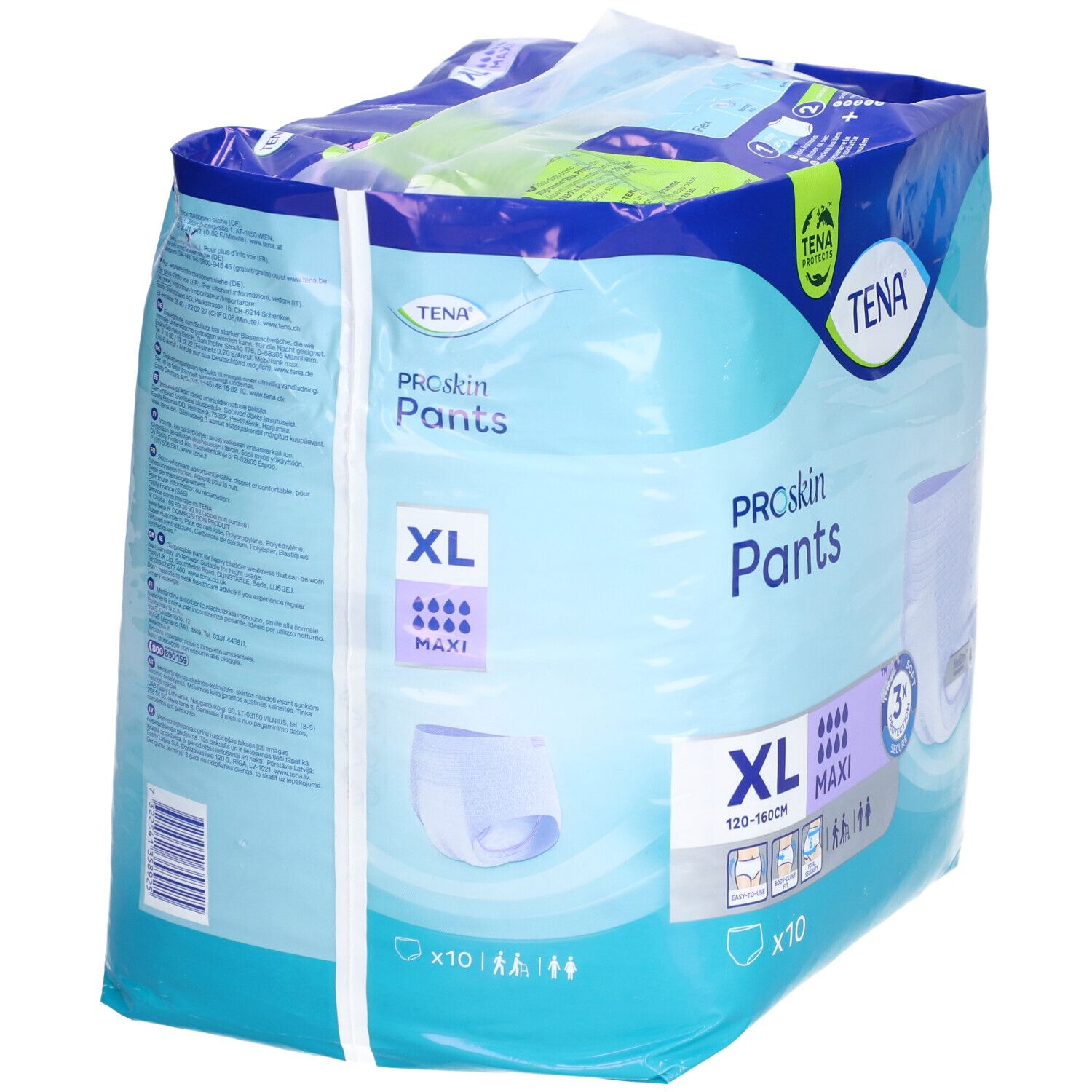 Paquet TENA ProSkin Pants Maxi XL. XL, 120-160cm. 10 unités. Absorption humidité. Doux. Triple protection.
