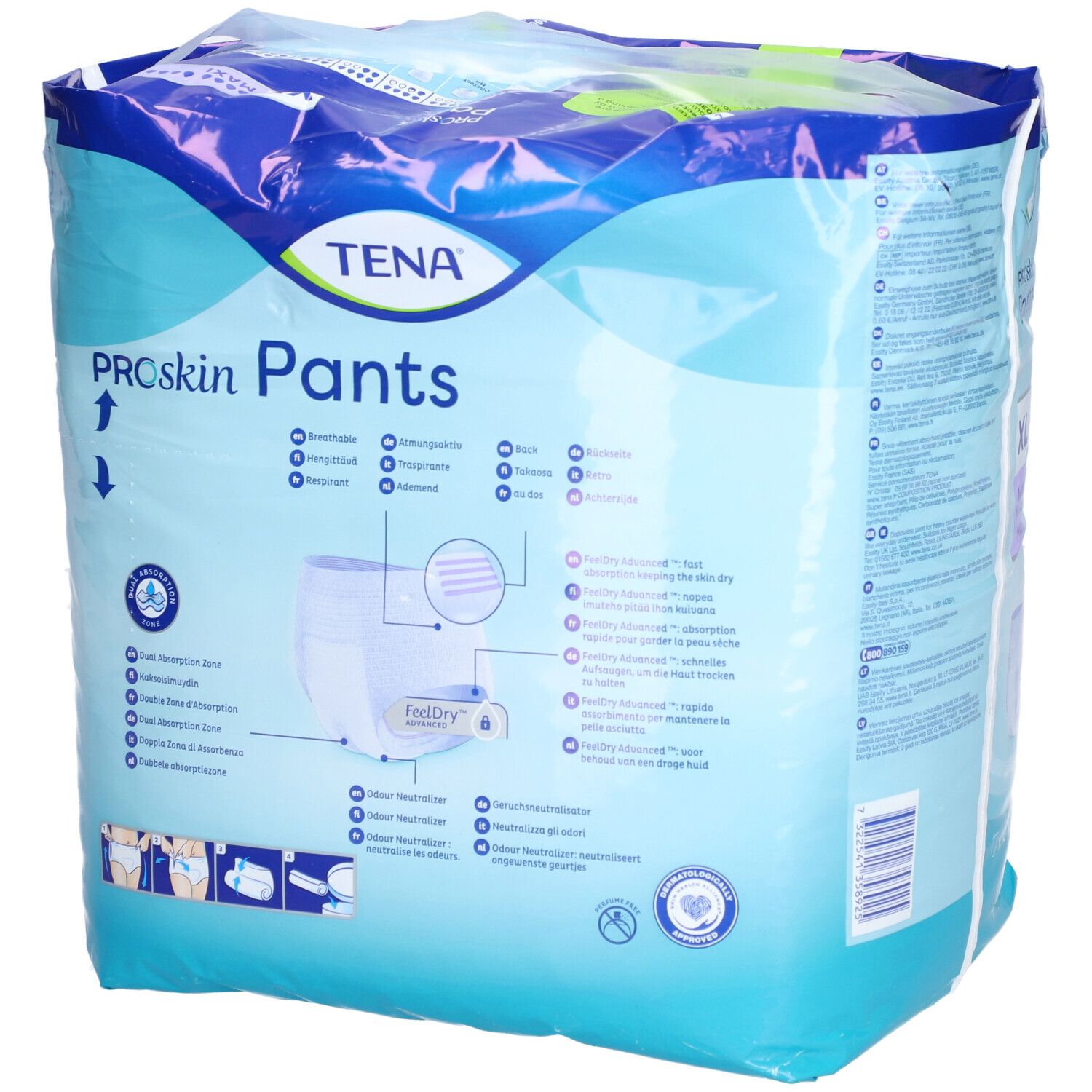 Dos du paquet TENA ProSkin Pants Maxi XL. XL, 120-160cm. Caractéristiques et illustrations du produit.