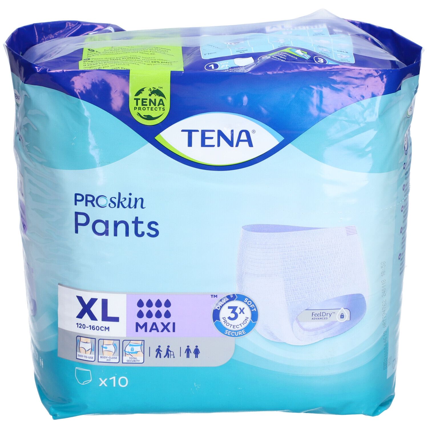 Paquet TENA ProSkin Pants Maxi XL. XL, 120-160cm. 10 unités. Triple protection. Absorption humidité. Doux.