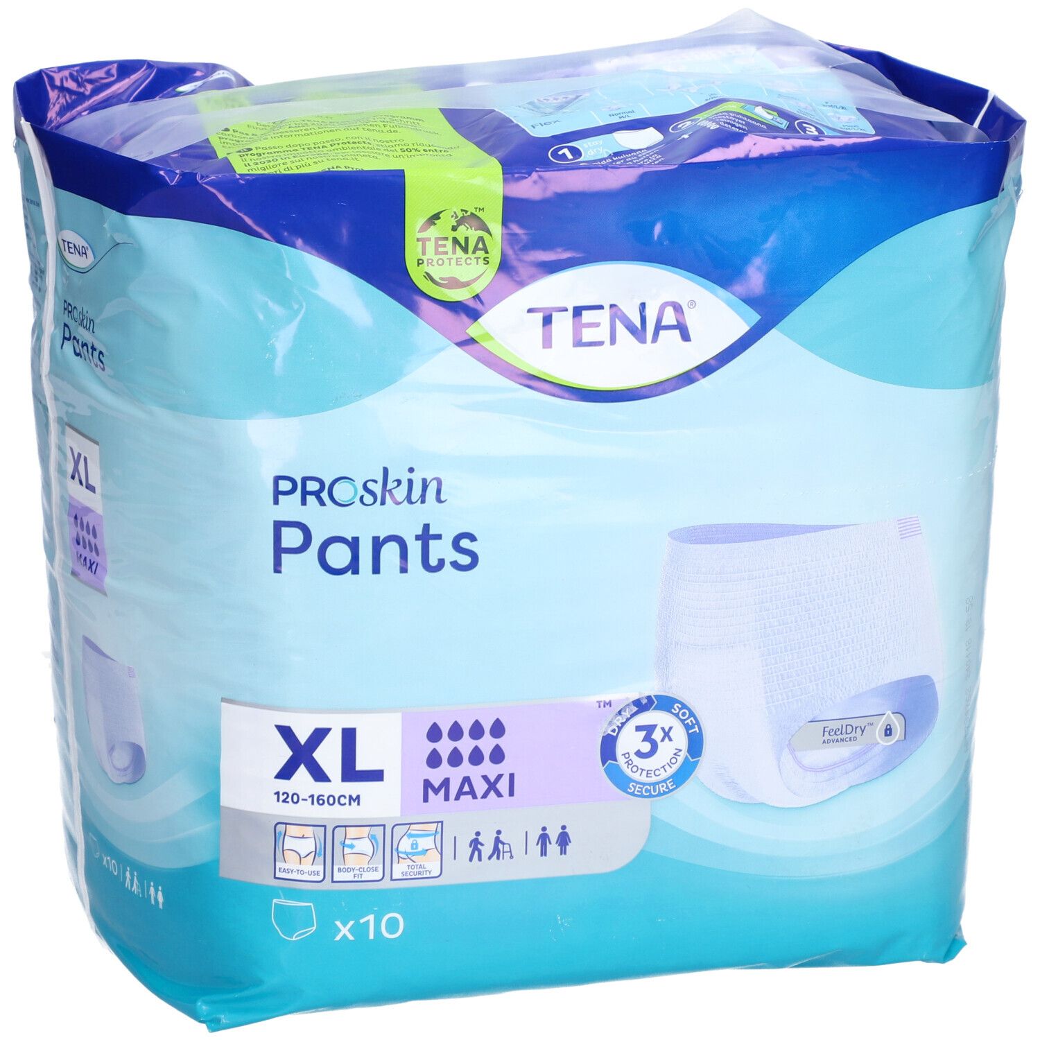 Paquet TENA ProSkin Pants Maxi XL. XL, 120-160cm. 10 unités. Triple protection. Absorption humidité. Doux.